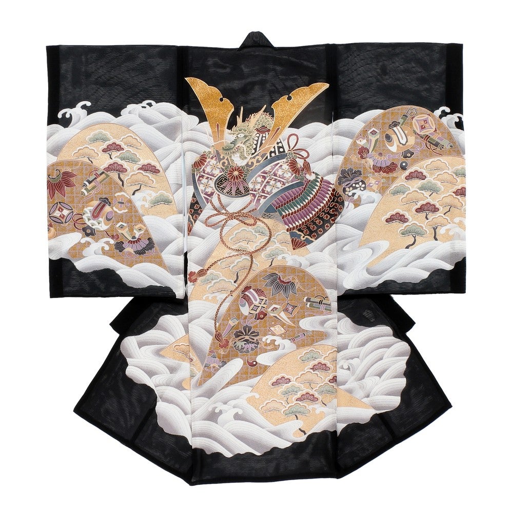 [レンタル] 男の子 お宮参り 産着・絽（夏用）レンタル6点フルセット 正絹 兜 白波 ブラック