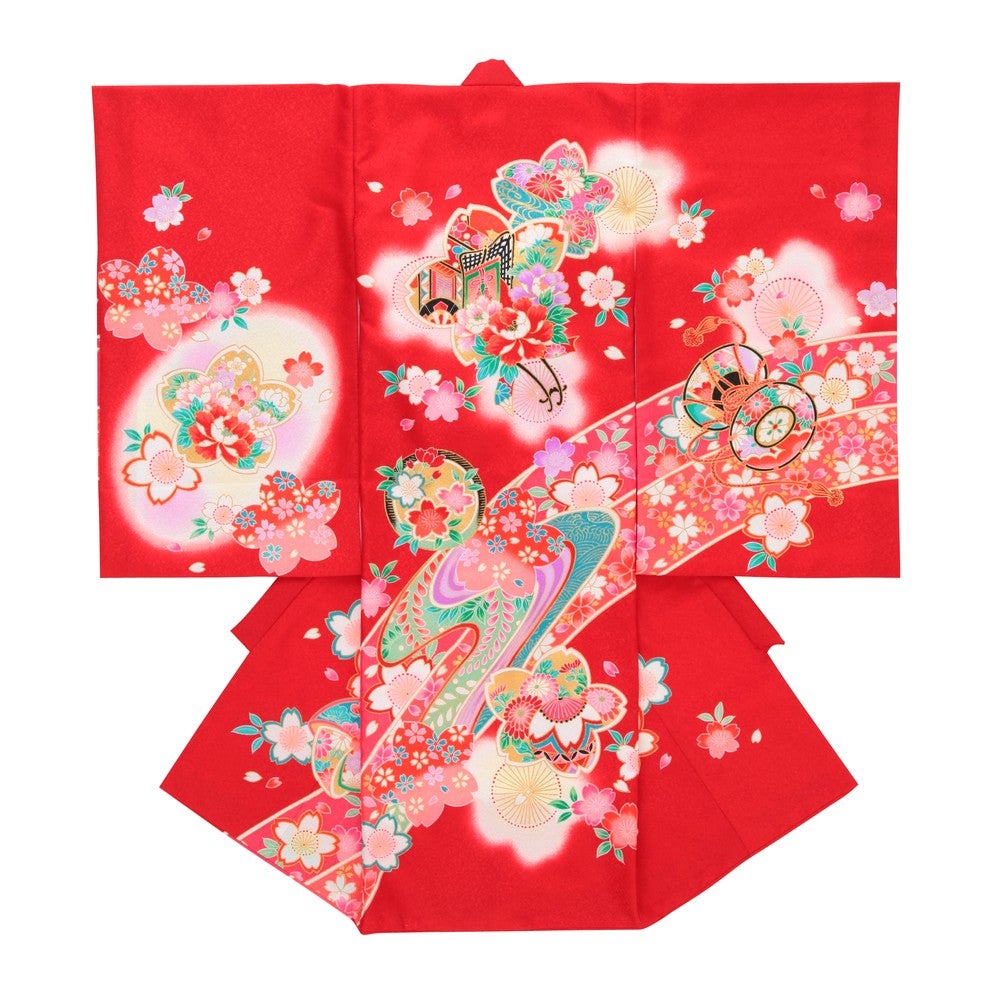 女の子 お宮参り 産着レンタル6点フルセット 正絹 牡丹 鞠A