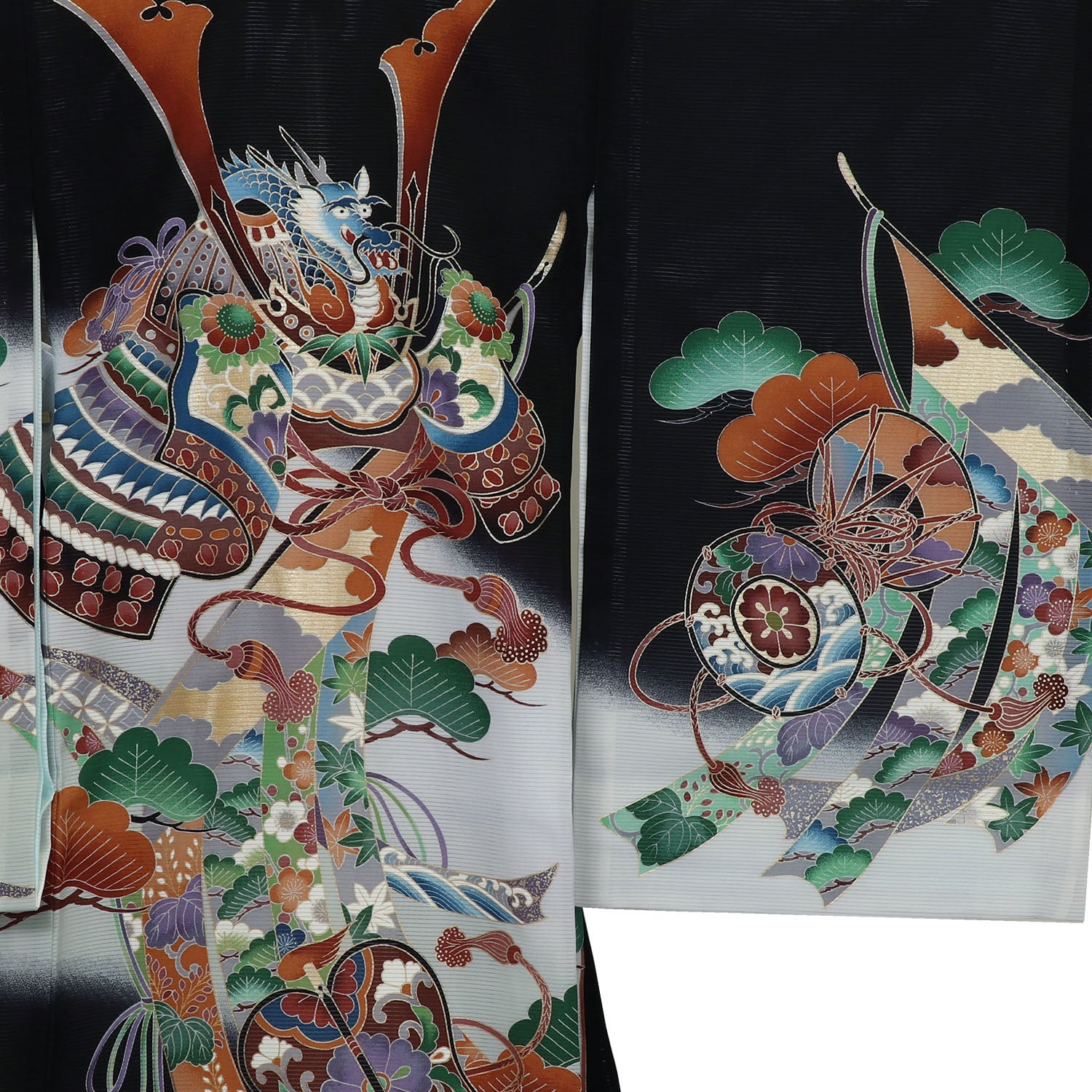 [レンタル] 男の子 お宮参り 産着 絽（夏用） レンタル6点フルセット 正絹 兜と熨斗に軍配 黒色の宅配レンタル - 3