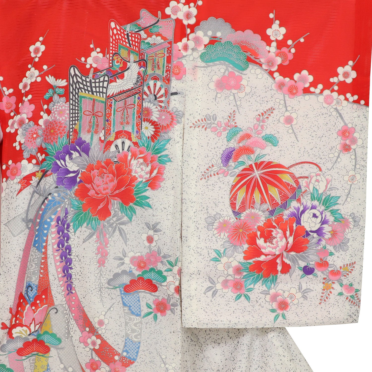 [レンタル] 女の子 お宮参り 産着 絽（夏用） レンタル6点フルセット 御所車と蝶と鞠 赤色の宅配レンタル - 3