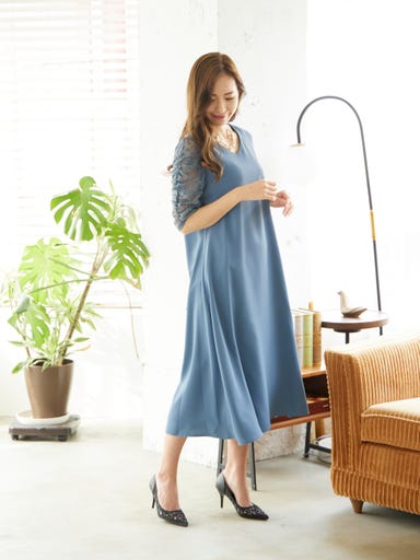 BELINDA DE CAPRIS Vネックギャザースリープ ワンピースドレス ブルーグレー Lサイズ