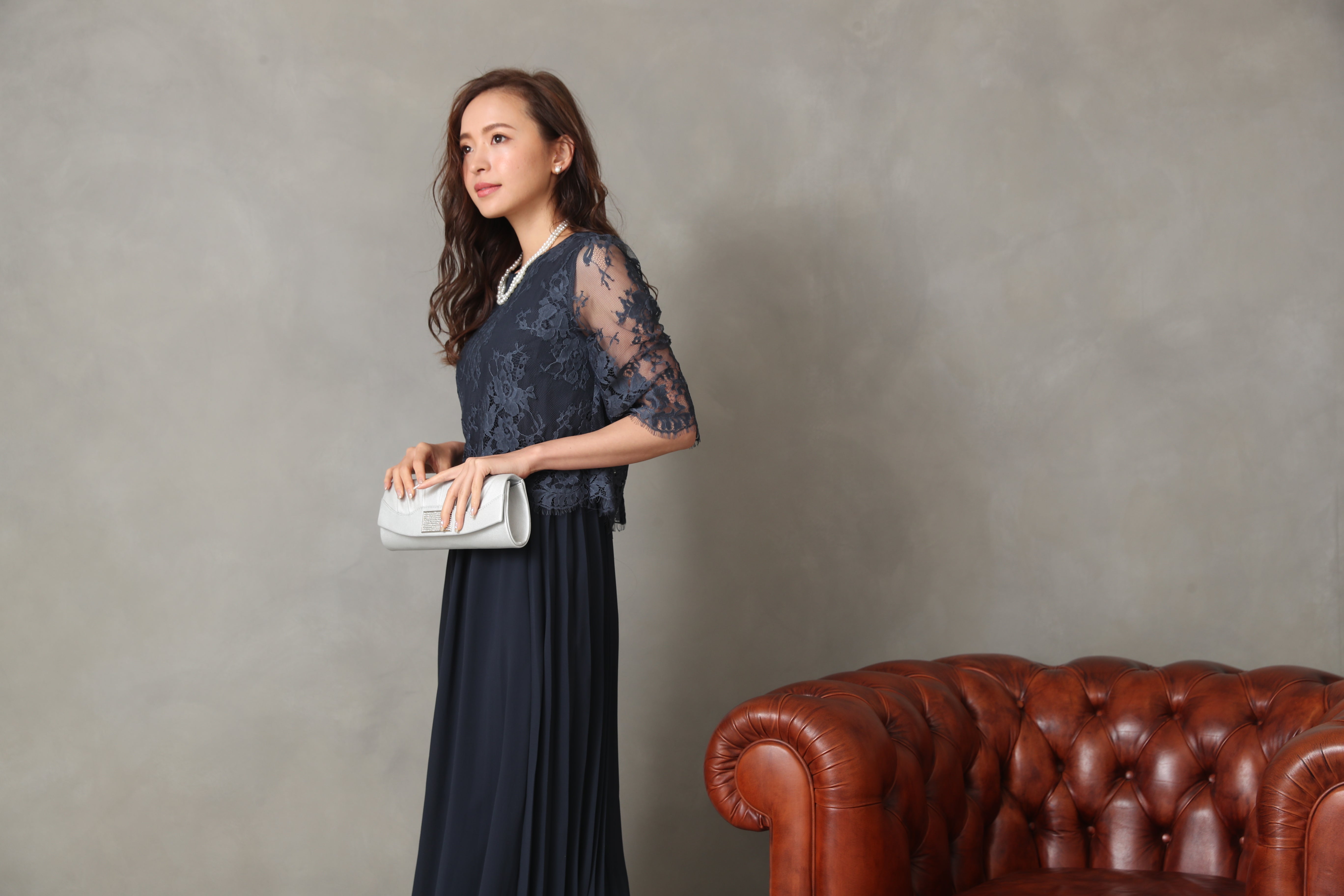 [レンタル] BELINDA DE CAPRIS サイドプリーツ レーススリーブ ワンピースドレス ネイビーの宅配レンタル - 11