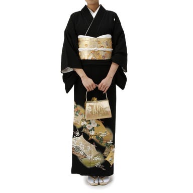 留袖セット 花柄 (長襦袢、帯、和装小物一式) ブラック Mサイズ