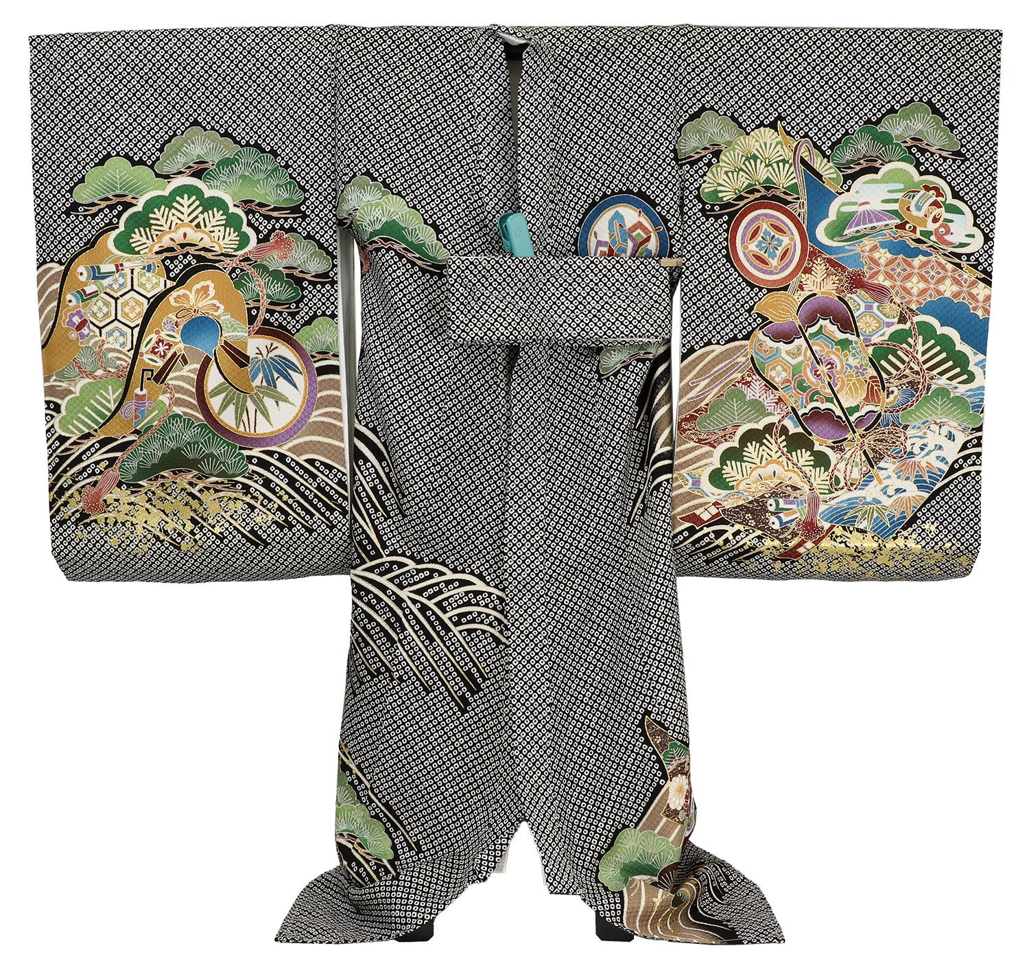 [レンタル] 男の子 お宮参り 産着 レンタル6点フルセット 正絹 兜と束熨斗に矢羽 総疋田柄の黒色の宅配レンタル - 2