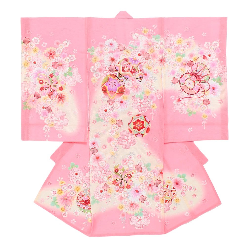 [レンタル] 女の子 お宮参り 産着・絽（夏用）レンタル6点フルセット 正絹 毛毬 桜 ピンク
