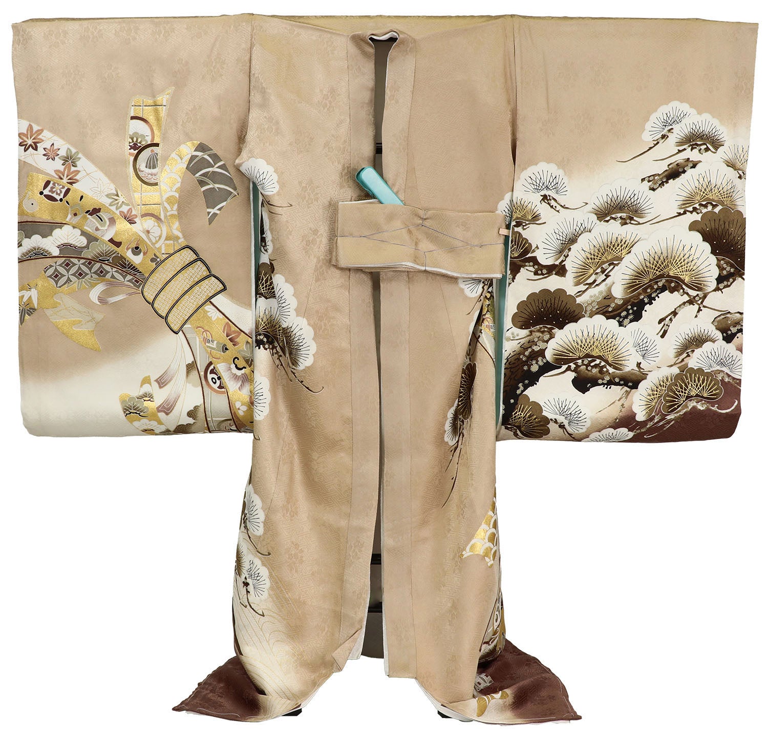 [レンタル] 男の子 お宮参り 産着 レンタル6点フルセット 正絹 二羽鷹に束熨斗と鼓 紗綾形のブラウン色ぼかしの宅配レンタル - 2