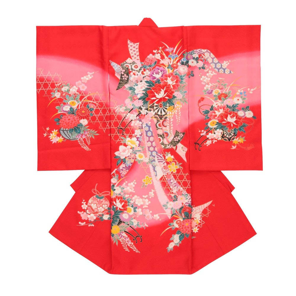 女の子 お宮参り 産着レンタル6点フルセット 正絹 牡丹 花車A