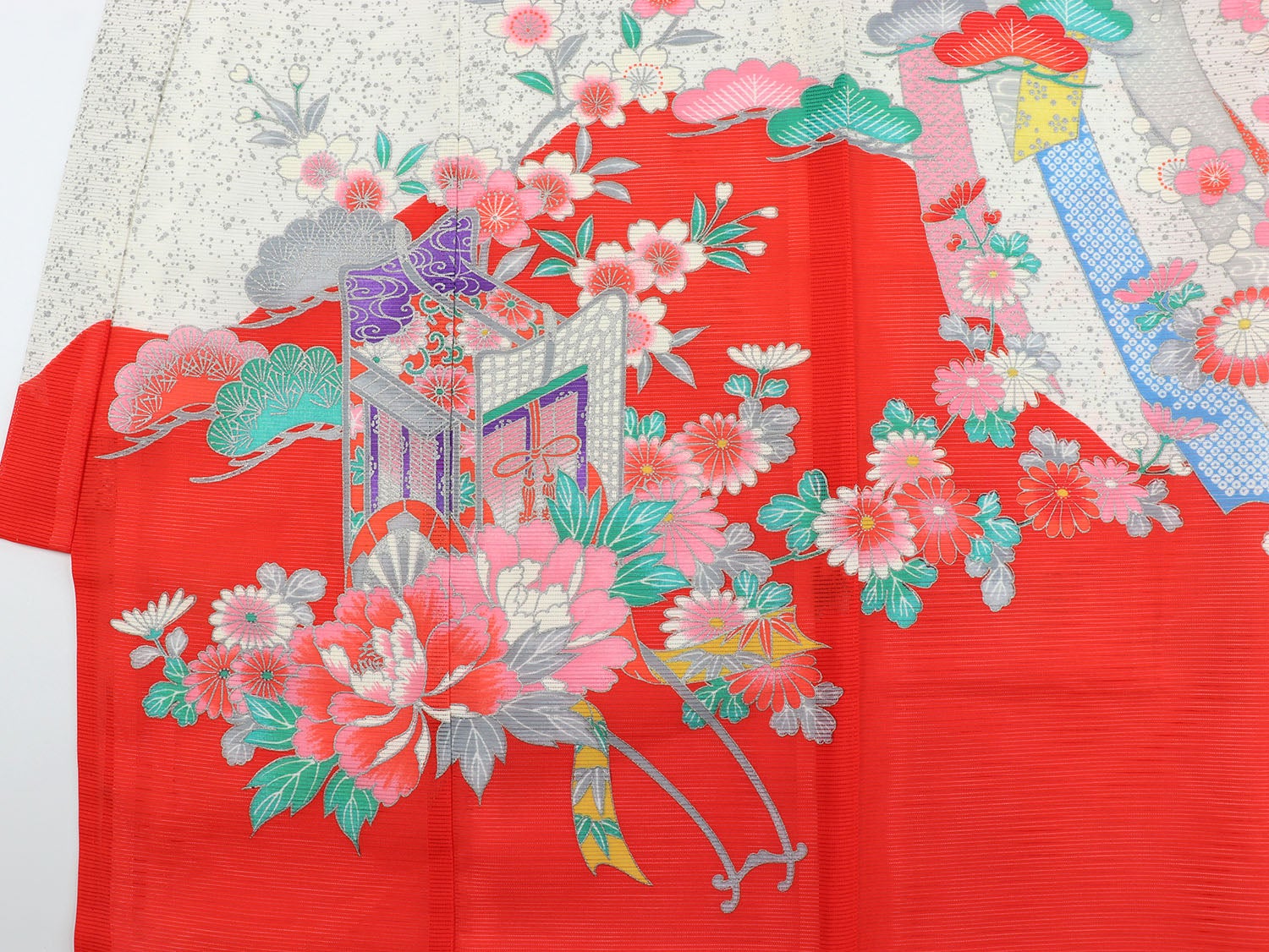 [レンタル] 女の子 お宮参り 産着 絽（夏用） レンタル6点フルセット 御所車と蝶と鞠 赤色の宅配レンタル - 5