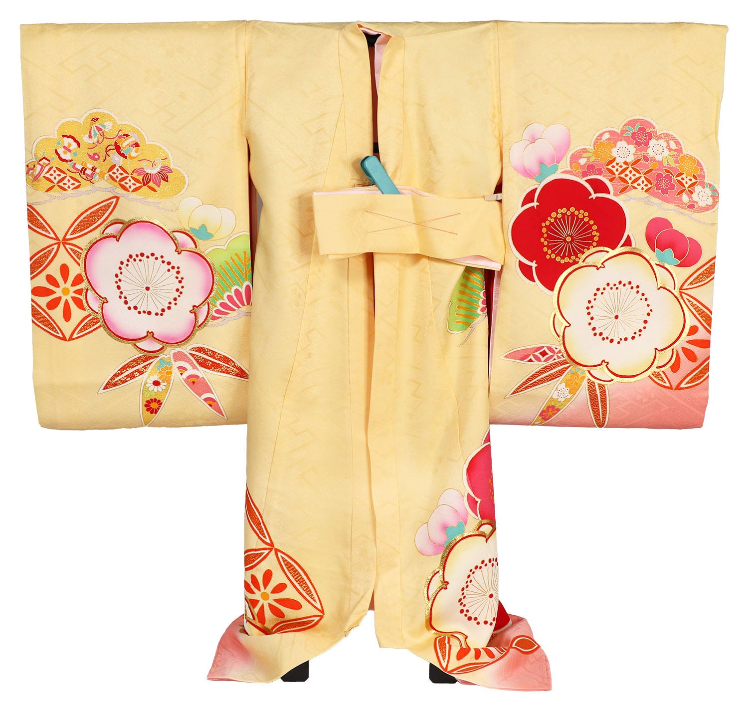 [レンタル] 女の子 お宮参り 産着 レンタル6点フルセット 正絹 金駒刺繍の吉祥梅 クリーム色の宅配レンタル - 2