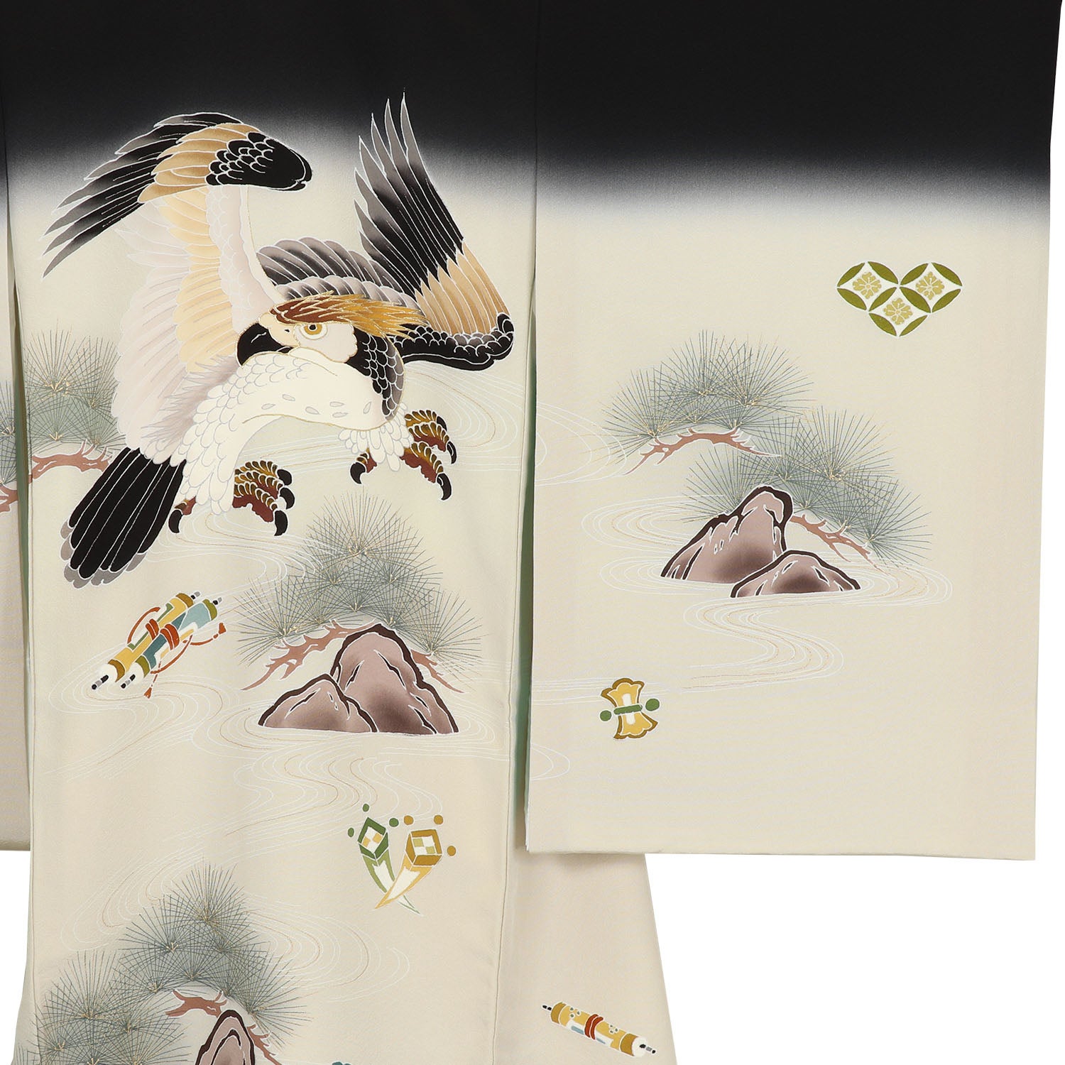 [レンタル] [手描友禅] 男の子 お宮参り 産着 レンタル6点フルセット 正絹 鷹に石庭 黒・クリーム色の宅配レンタル - 3