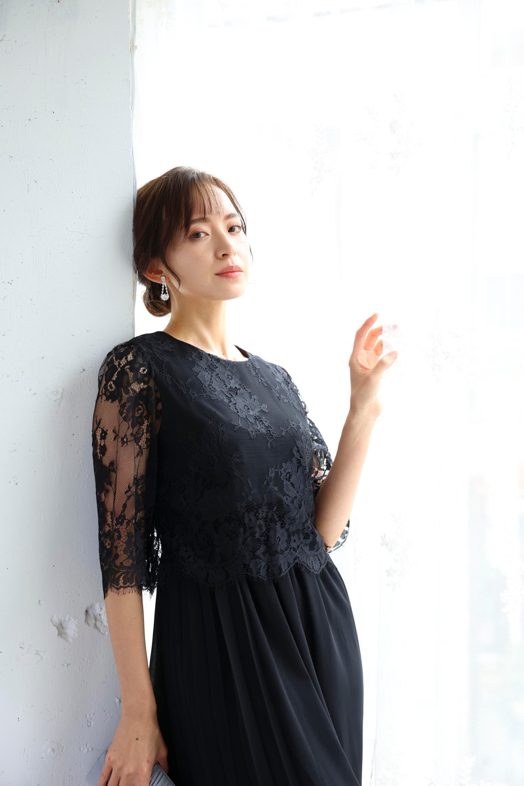 [レンタル] BELINDA DE CAPRIS サイドプリーツ レーススリーブ ワンピースドレス ブラックの宅配レンタル - 12