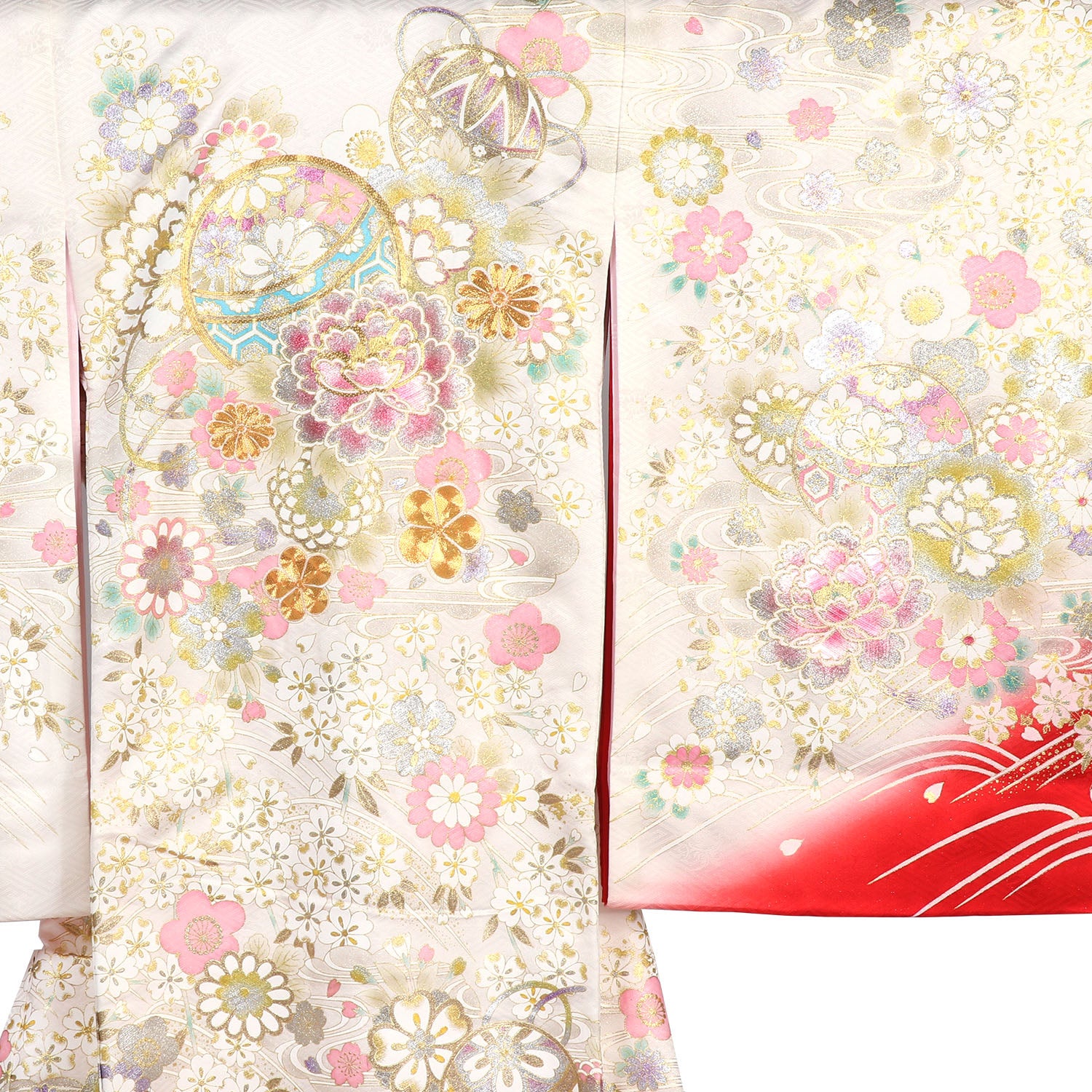 [レンタル] 女の子 お宮参り 産着 レンタル6点フルセット 正絹 金駒刺繍の鞠に流水に桜 白色に赤ぼかしの宅配レンタル - 3