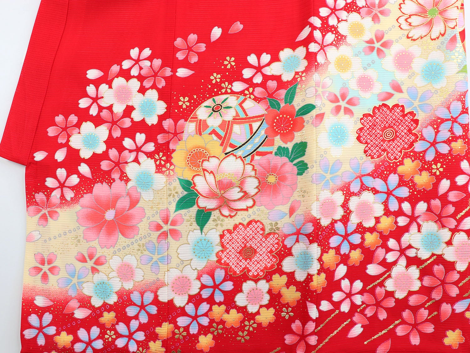 [レンタル] 女の子 お宮参り 産着 絽（夏用） レンタル6点フルセット 正絹 鞠と花模様 赤色の宅配レンタル - 5
