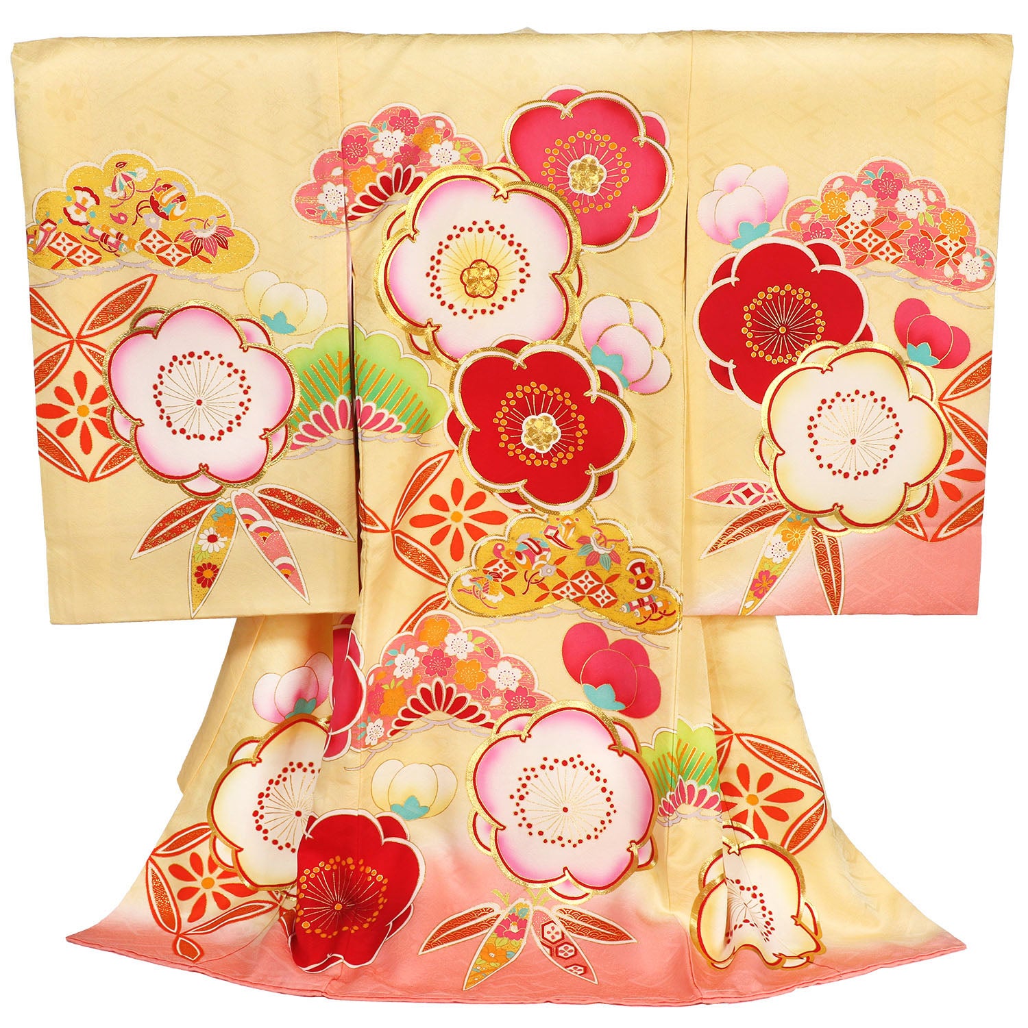 女の子 お宮参り 産着 レンタル6点フルセット 正絹 金駒刺繍の吉祥梅 クリーム色