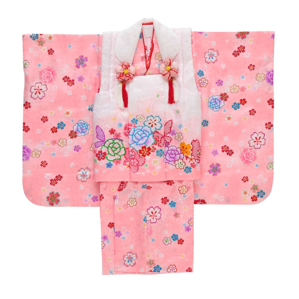 七五三/節句 被布セット 3歳女の子 被布セット 愛らしい 花々 選べる2色(ピンク / 黒)