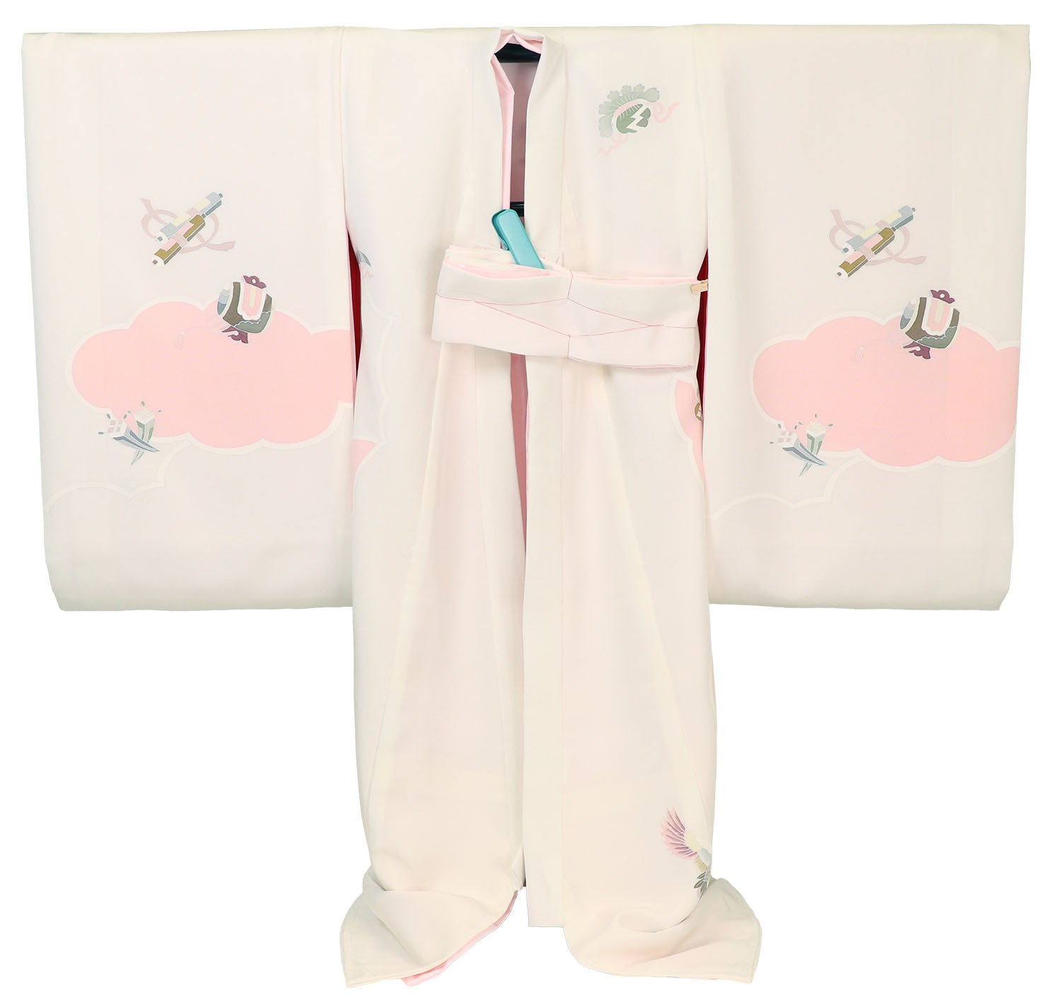 [レンタル] [手描友禅] 女の子 お宮参り 産着 手描友禅 レンタル6点フルセット 正絹 翔鶴に雲取り宝づくし 白色にクリームの宅配レンタル - 2