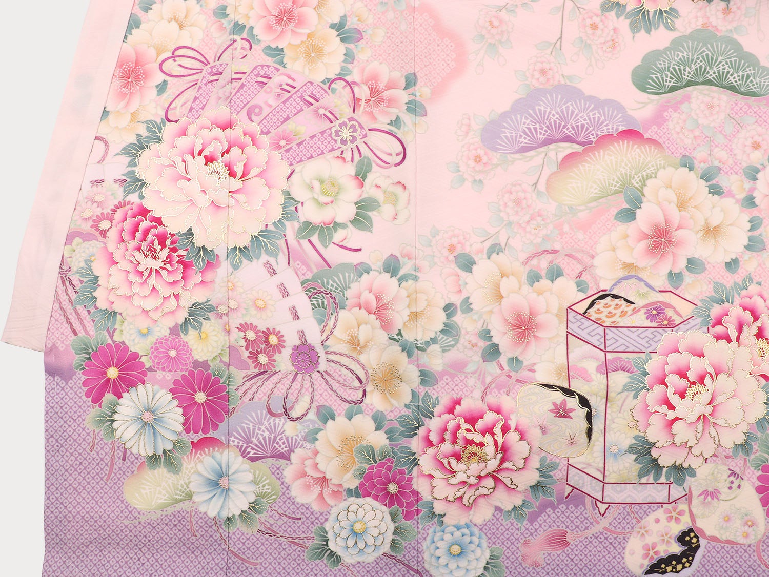 [レンタル] 女の子 お宮参り 産着 京都丸紅 / 華徒然 レンタル6点フルセット 正絹 牡丹と檜扇と貝桶 ピンク色の宅配レンタル - 7