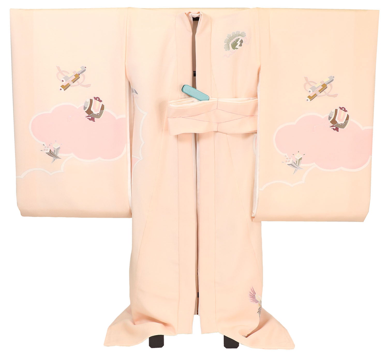 [レンタル] 女の子 お宮参り 産着 レンタル6点フルセット 正絹 鶴に宝づくし クリーム色に薄ピンクの宅配レンタル - 2