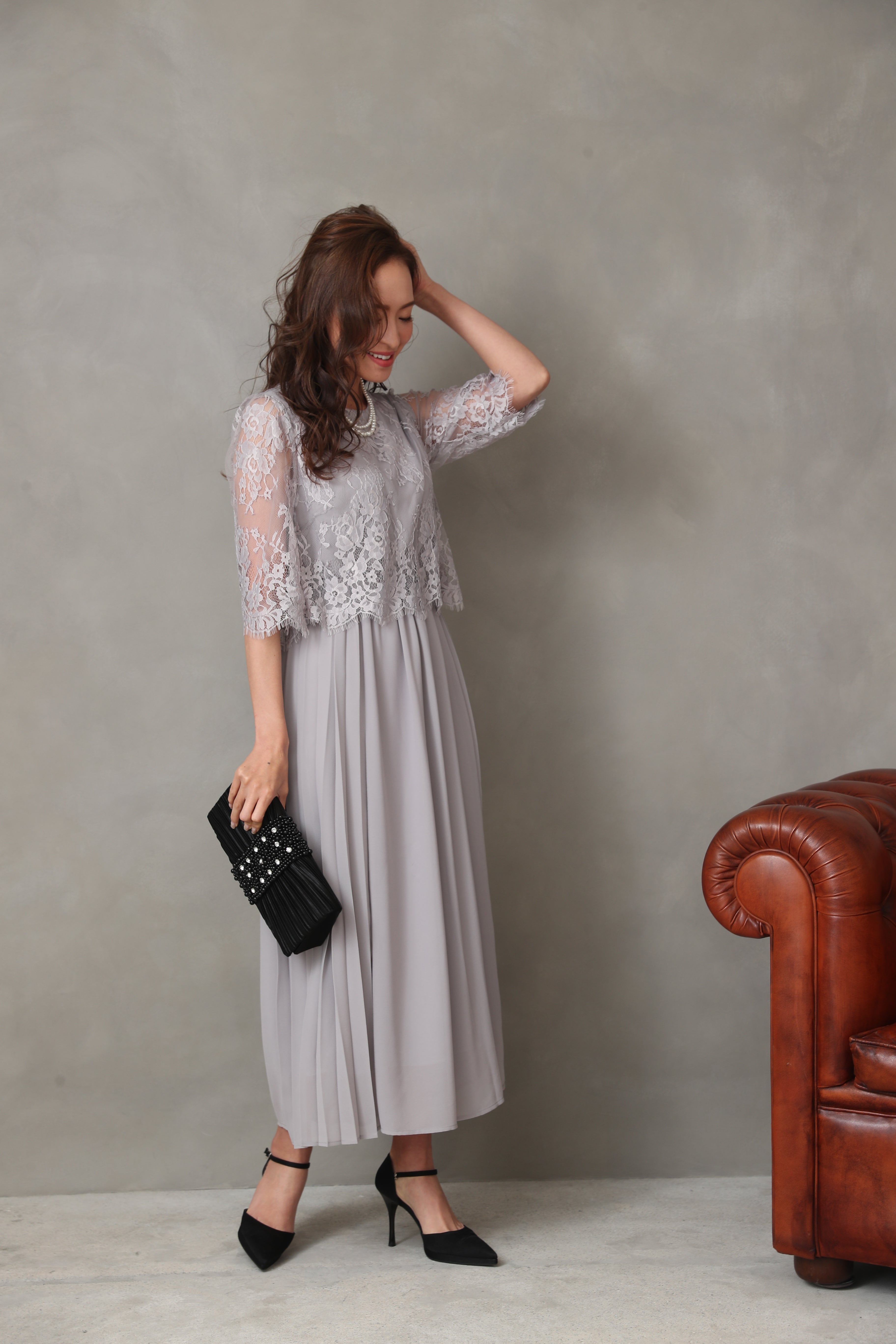 [レンタル] BELINDA DE CAPRIS サイドプリーツ レーススリーブ ワンピースドレス グレーの宅配レンタル - 8