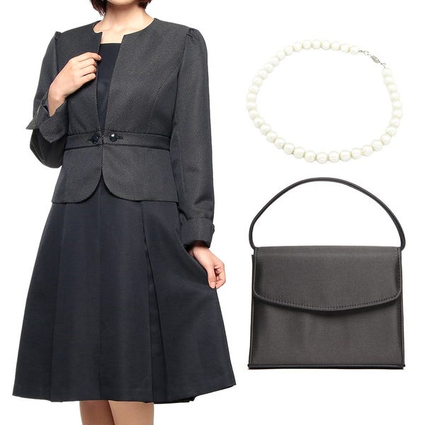 [レンタル] セレモニースーツ5点セット(ノーカラージャケット+ワンピース+バッグ+パールネックレス+コサージュ) ネイビー ネイビー 13号