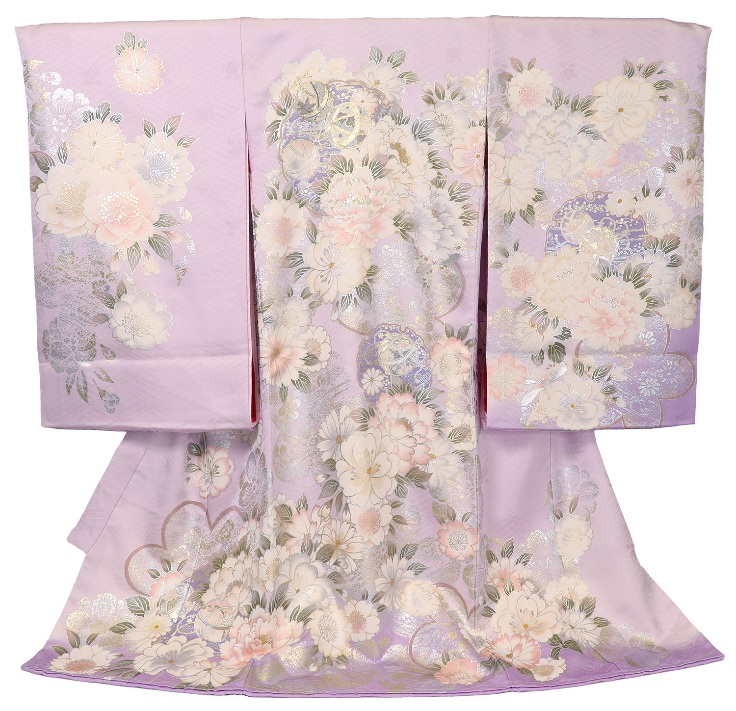 女の子 お宮参り 産着 レンタル6点フルセット 正絹 鞠に桜づくし 紗綾形の藤色