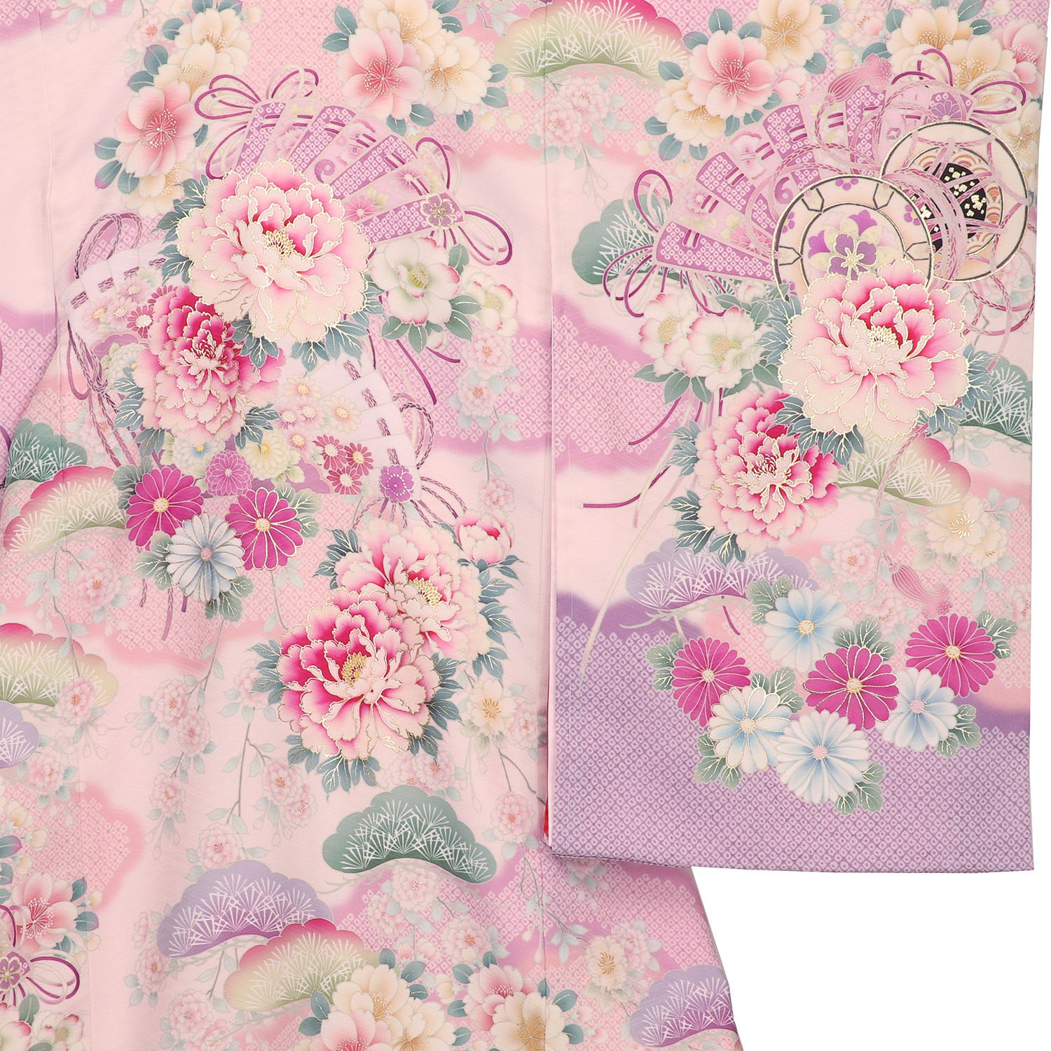 [レンタル] 女の子 お宮参り 産着 京都丸紅 / 華徒然 レンタル6点フルセット 正絹 牡丹と檜扇と貝桶 ピンク色の宅配レンタル - 3