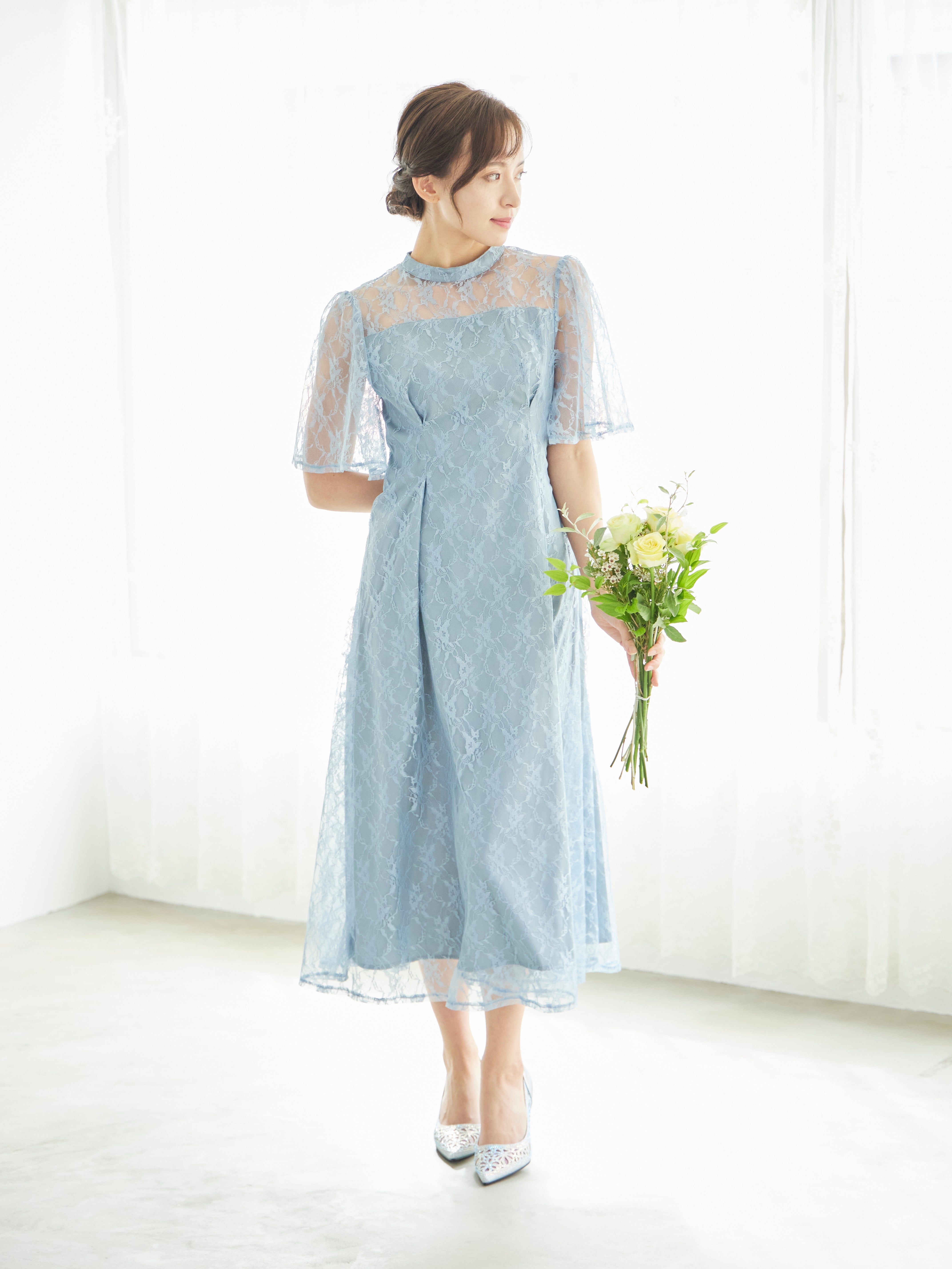 レンタル] BELINDA DE CAPRIS 総レースフレア袖 ハイネック ワンピース