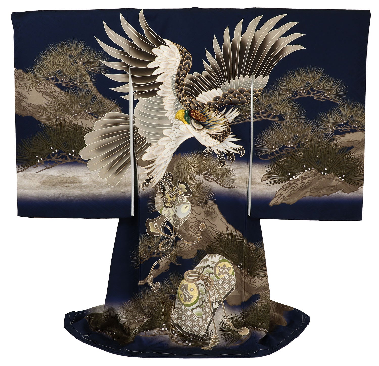 男の子 お宮参り 産着 レンタル6点フルセット 正絹 鷹に御所車 紺色