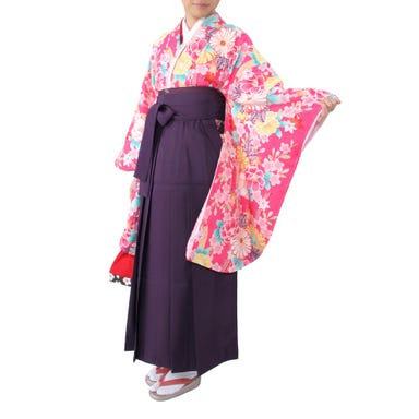 女性用 袴セット 大花柄 (着物、袴、和装小物一式) ピンク