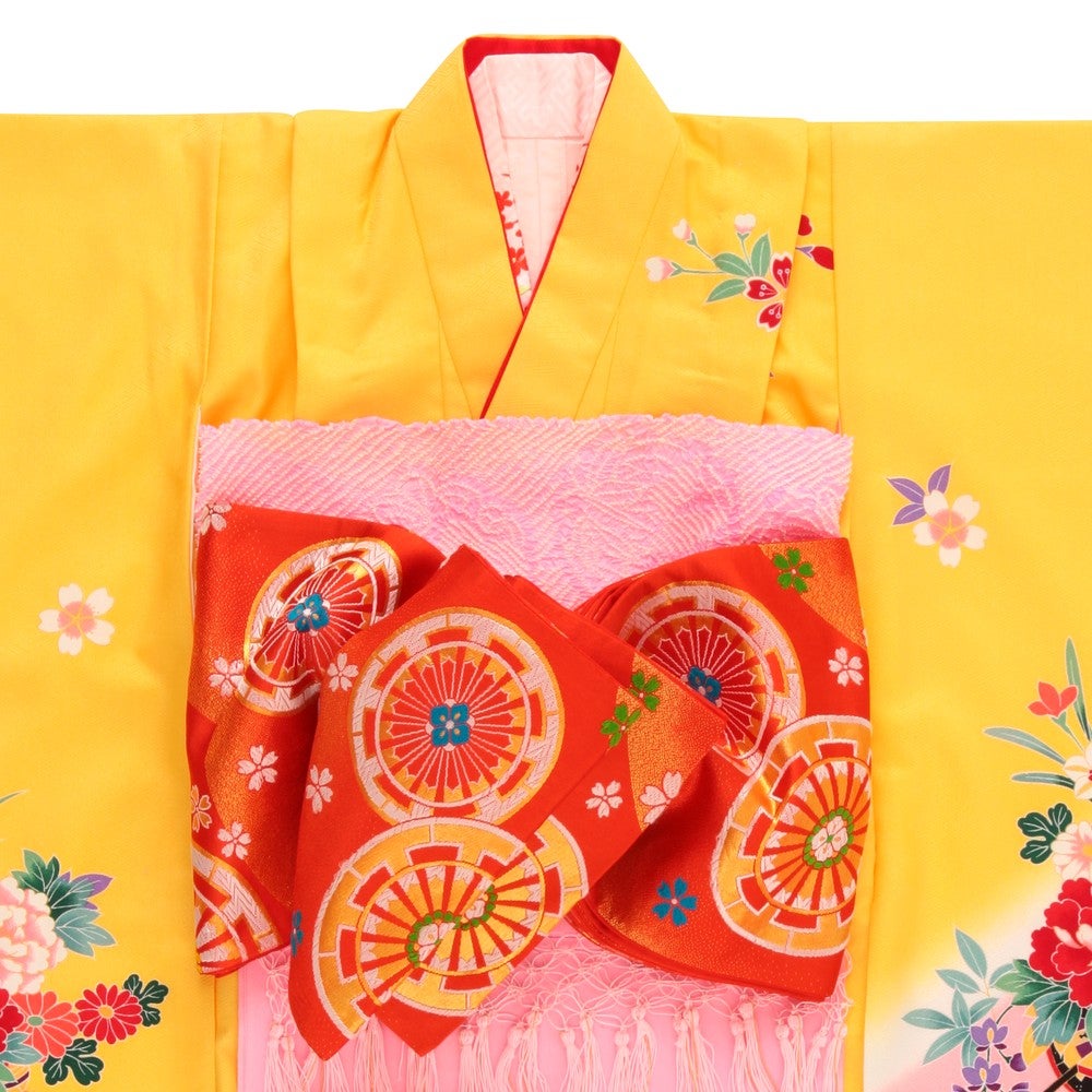 [レンタル] 七五三/節句 着物セット 7歳女の子 御所車 古典的 イエロー