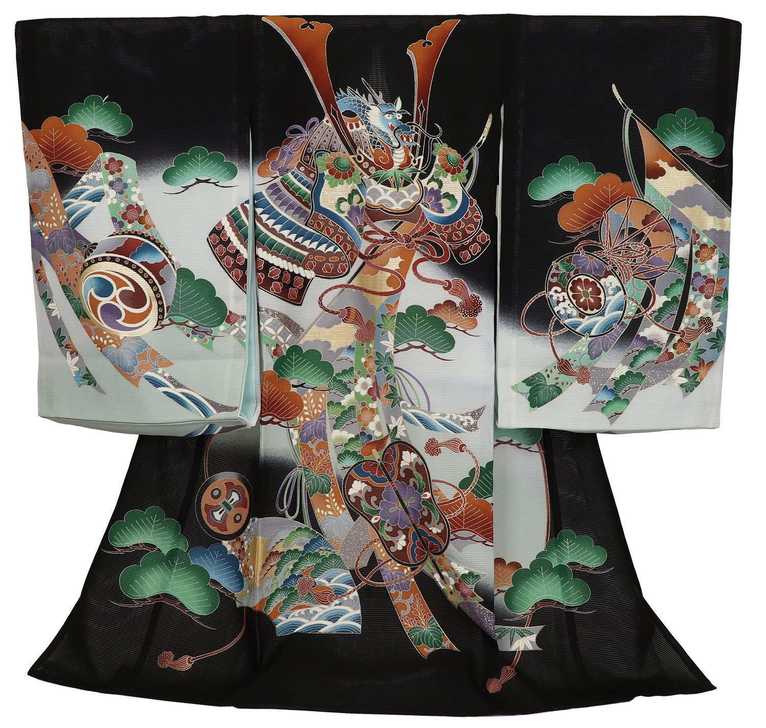 [レンタル] 男の子 お宮参り 産着 絽（夏用） レンタル6点フルセット 正絹 兜と熨斗に軍配 黒色