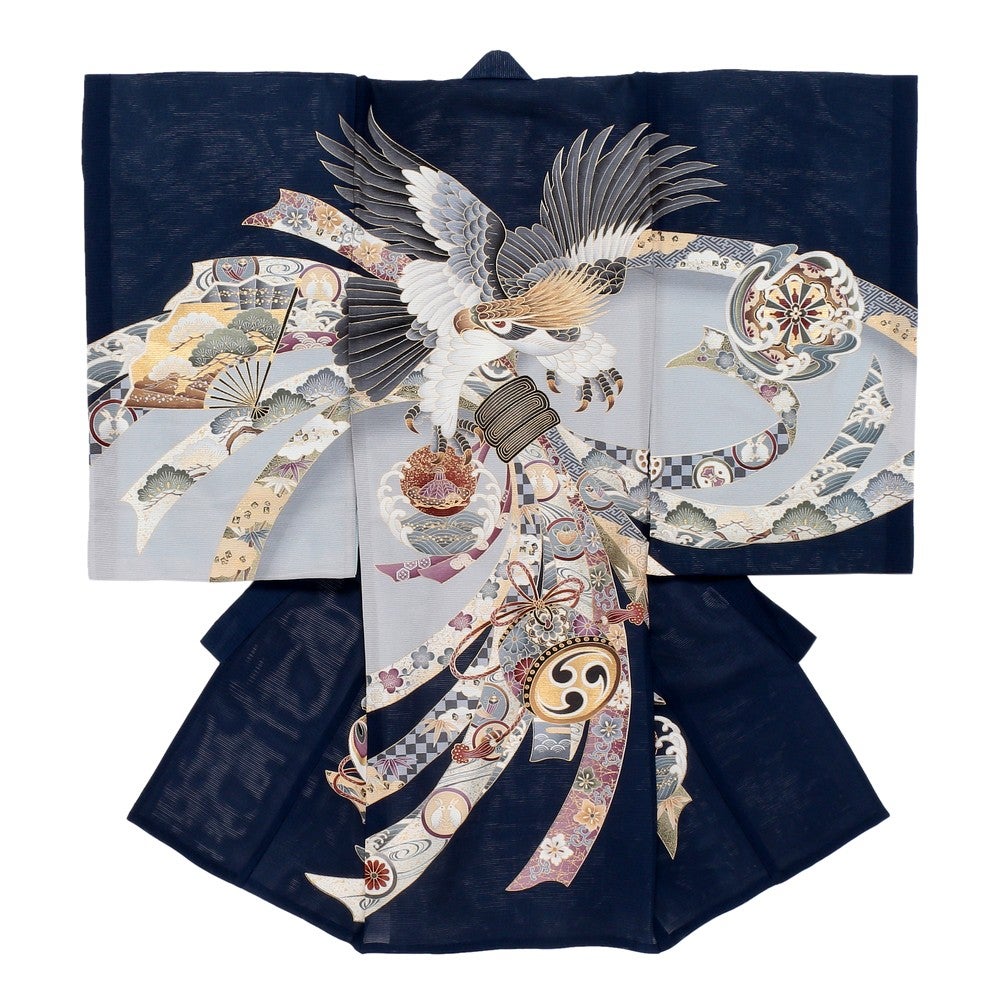 [レンタル] 男の子 お宮参り 産着・絽（夏用）レンタル6点フルセット 正絹 鷹 束ね熨斗 ネイビー