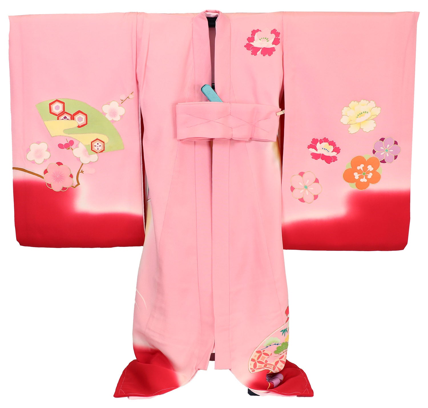 [レンタル] [手描友禅] 女の子 お宮参り 産着 手描友禅 レンタル6点フルセット 正絹 鈴に扇面 古典調の薄ピンク色に赤ぼかしの宅配レンタル - 2