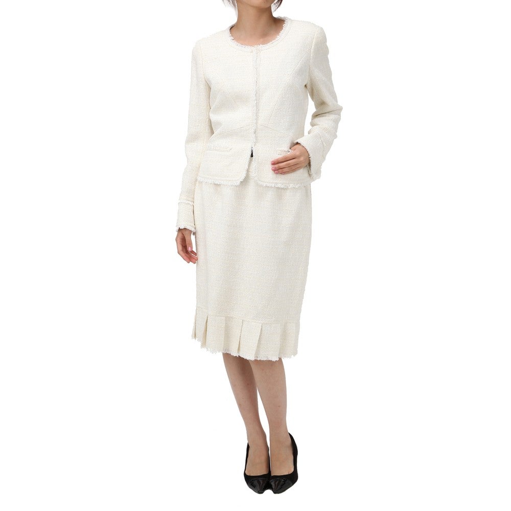 ルネ ツイード仕立て セレモニースーツ2点セット(ジャケット+ 裾プリーツ スカート) ホワイト
