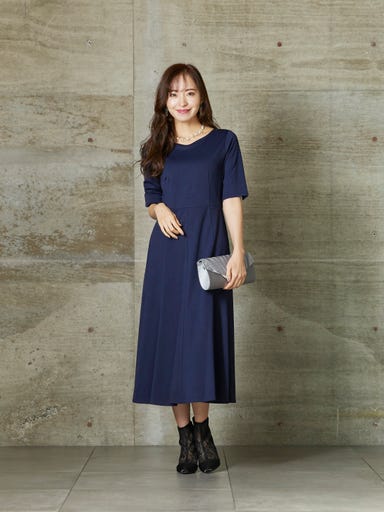 BELINDA DE CAPRIS Uネック ワンピースドレス ネイビー Lサイズ