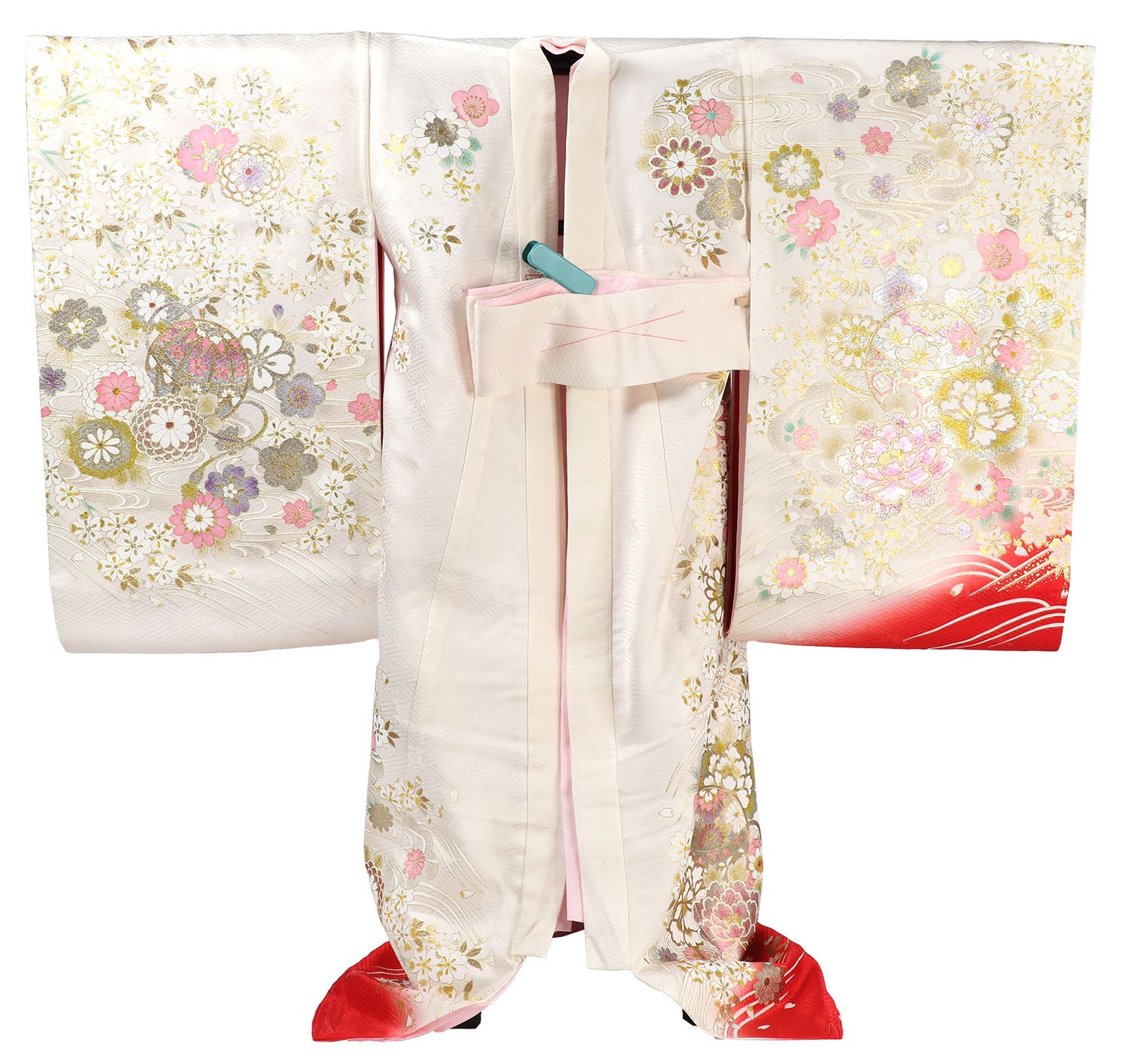 [レンタル] 女の子 お宮参り 産着 レンタル6点フルセット 正絹 金駒刺繍の鞠に流水に桜 白色に赤ぼかしの宅配レンタル - 2