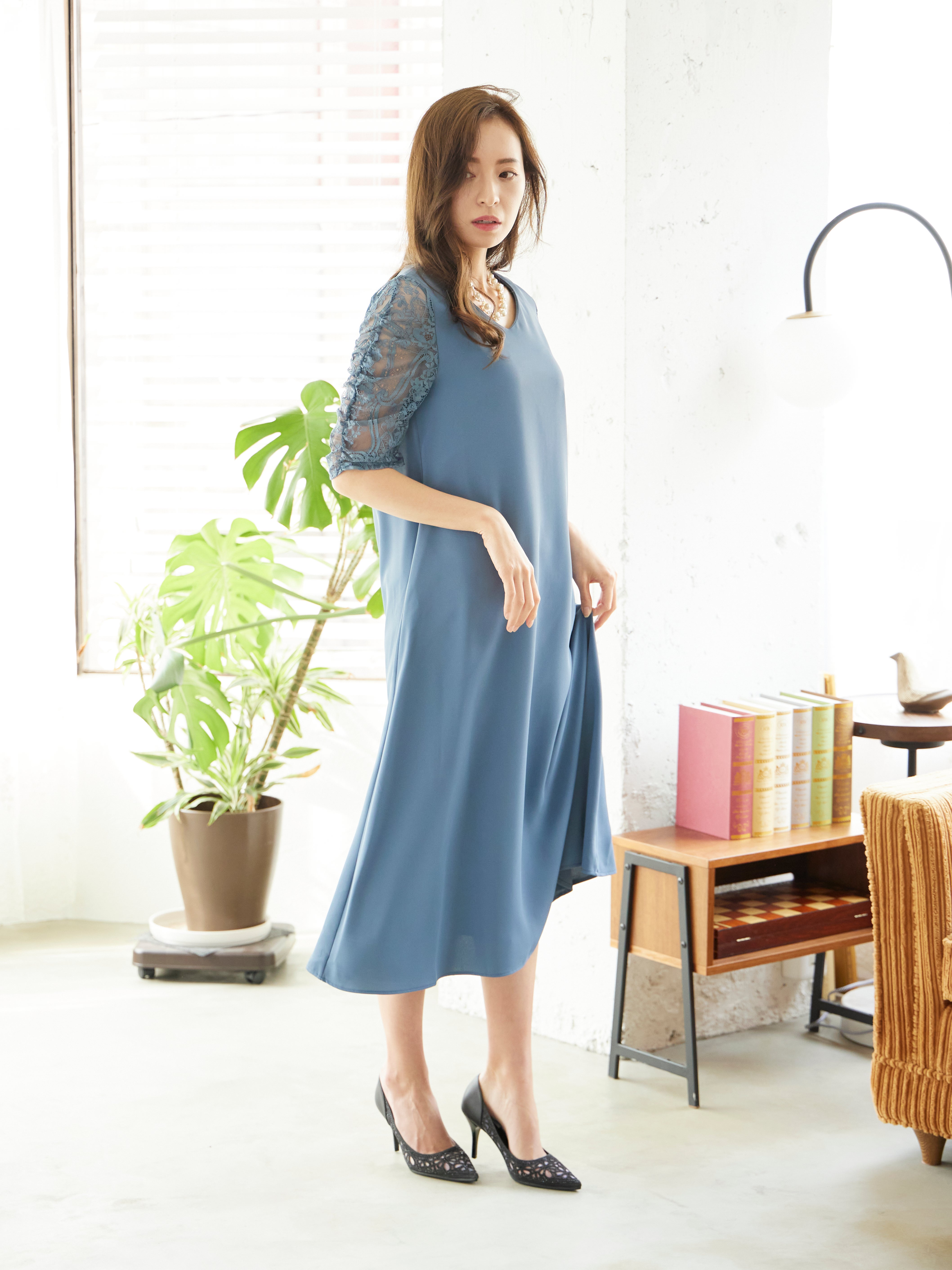 [レンタル] BELINDA DE CAPRIS Vネックギャザースリープ ワンピースドレス ブルーグレーの宅配レンタル - 4