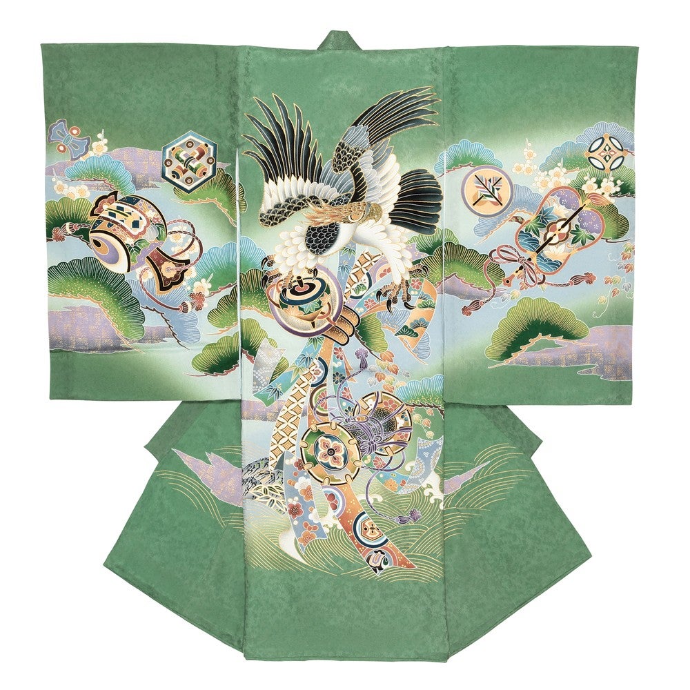 男の子 お宮参り 産着レンタル6点フルセット 正絹 鷹 団扇