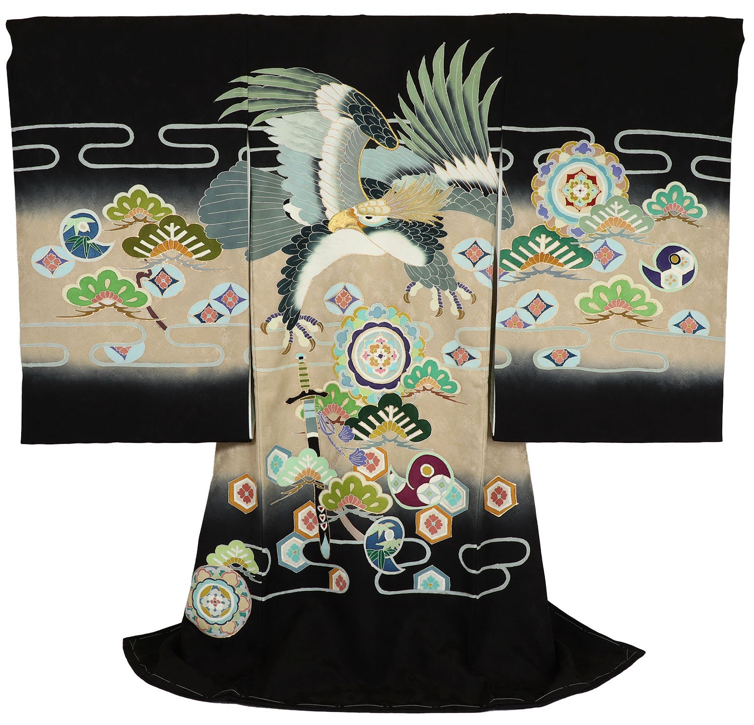 [レンタル] [手描友禅] 男の子 お宮参り 産着 レンタル6点フルセット 正絹 鷹に神器 黒色