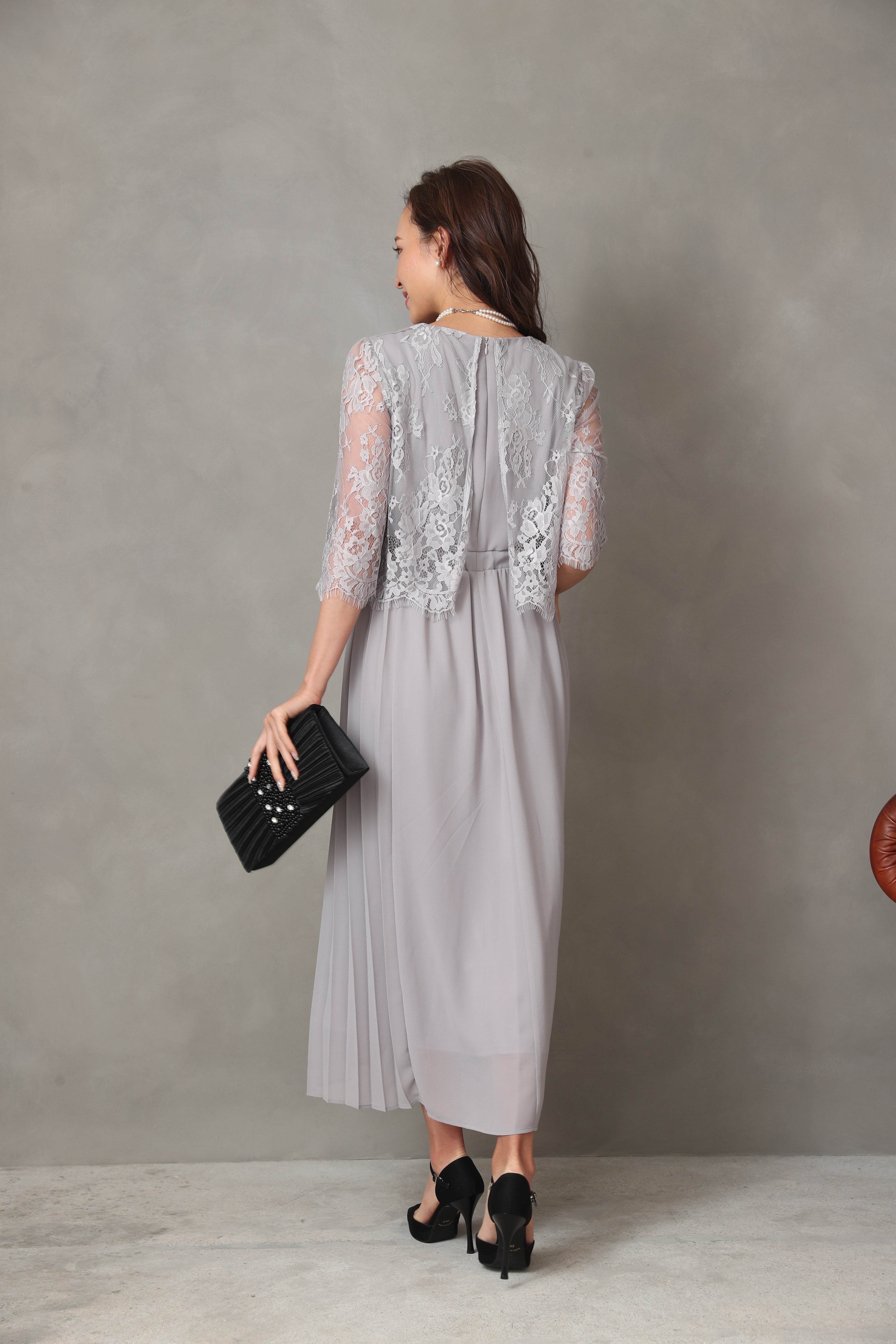 [レンタル] BELINDA DE CAPRIS サイドプリーツ レーススリーブ ワンピースドレス グレーの宅配レンタル - 19