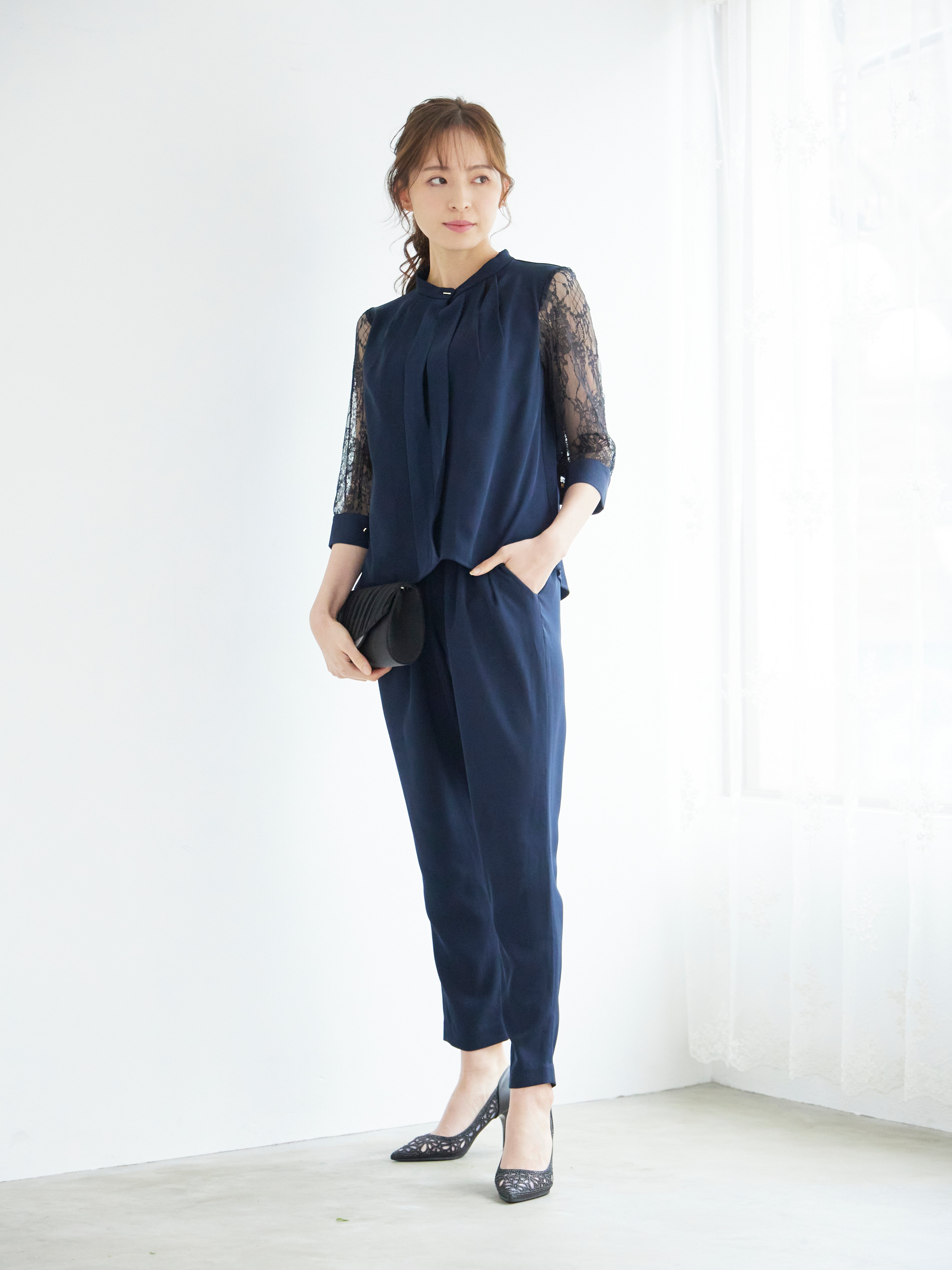 [レンタル] BELINDA DE CAPRIS 前開きブラウス セットアップ テーパードパンツドレス ネイビーの宅配レンタル - 10