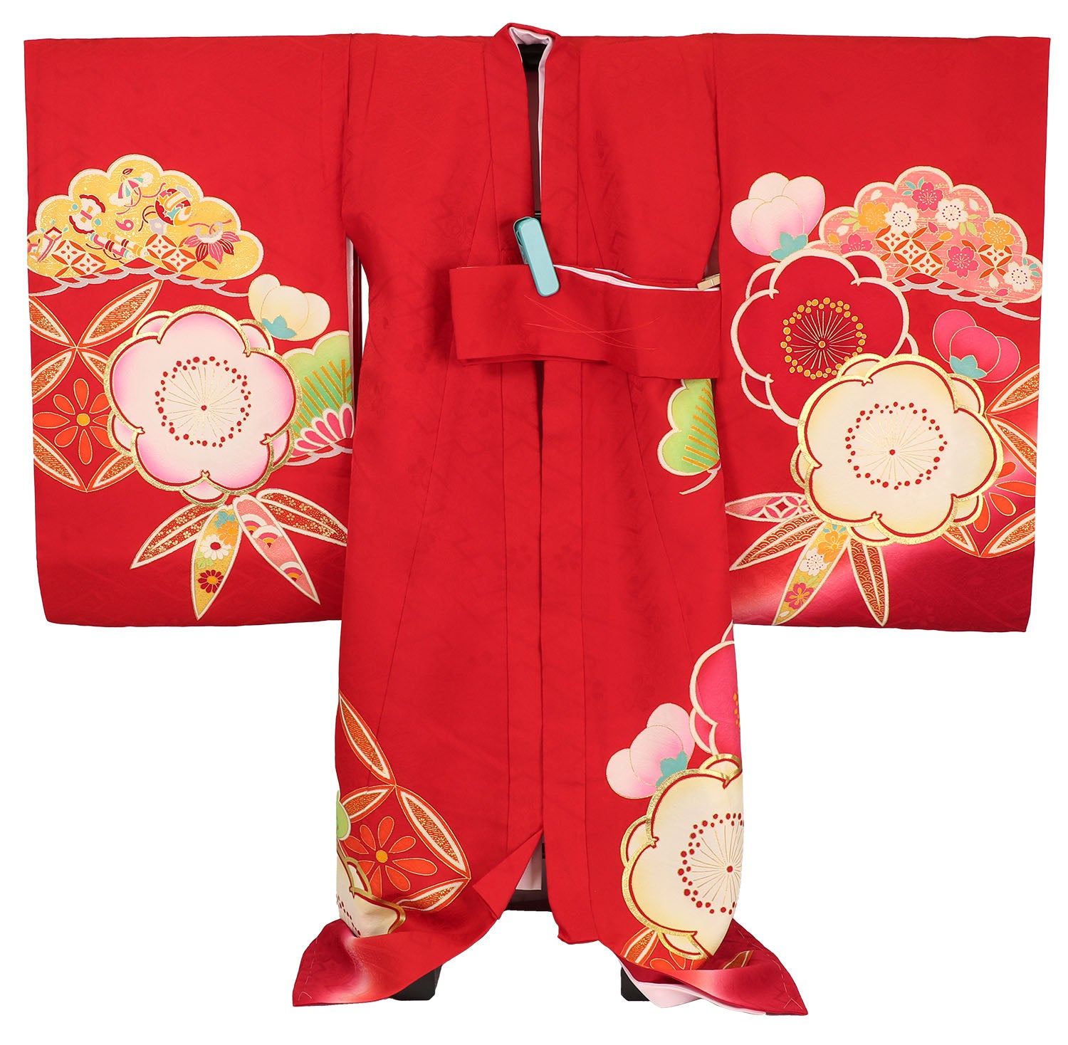 [レンタル] 女の子 お宮参り 産着 レンタル6点フルセット 正絹 金駒刺繍の吉祥梅 赤色の宅配レンタル - 2