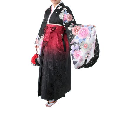 女性用 袴セット レース付き花柄 (着物、袴、和装小物一式) ブラック