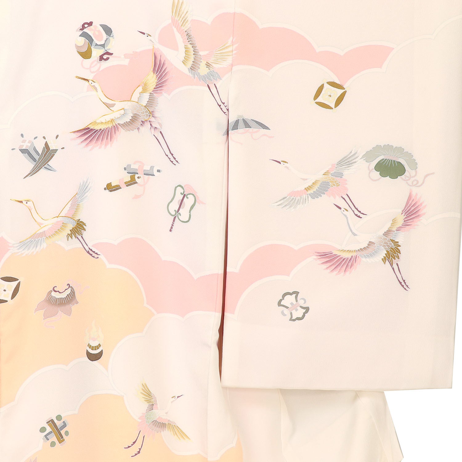 [レンタル] [手描友禅] 女の子 お宮参り 産着 手描友禅 レンタル6点フルセット 正絹 翔鶴に雲取り宝づくし 白色にクリームの宅配レンタル - 3