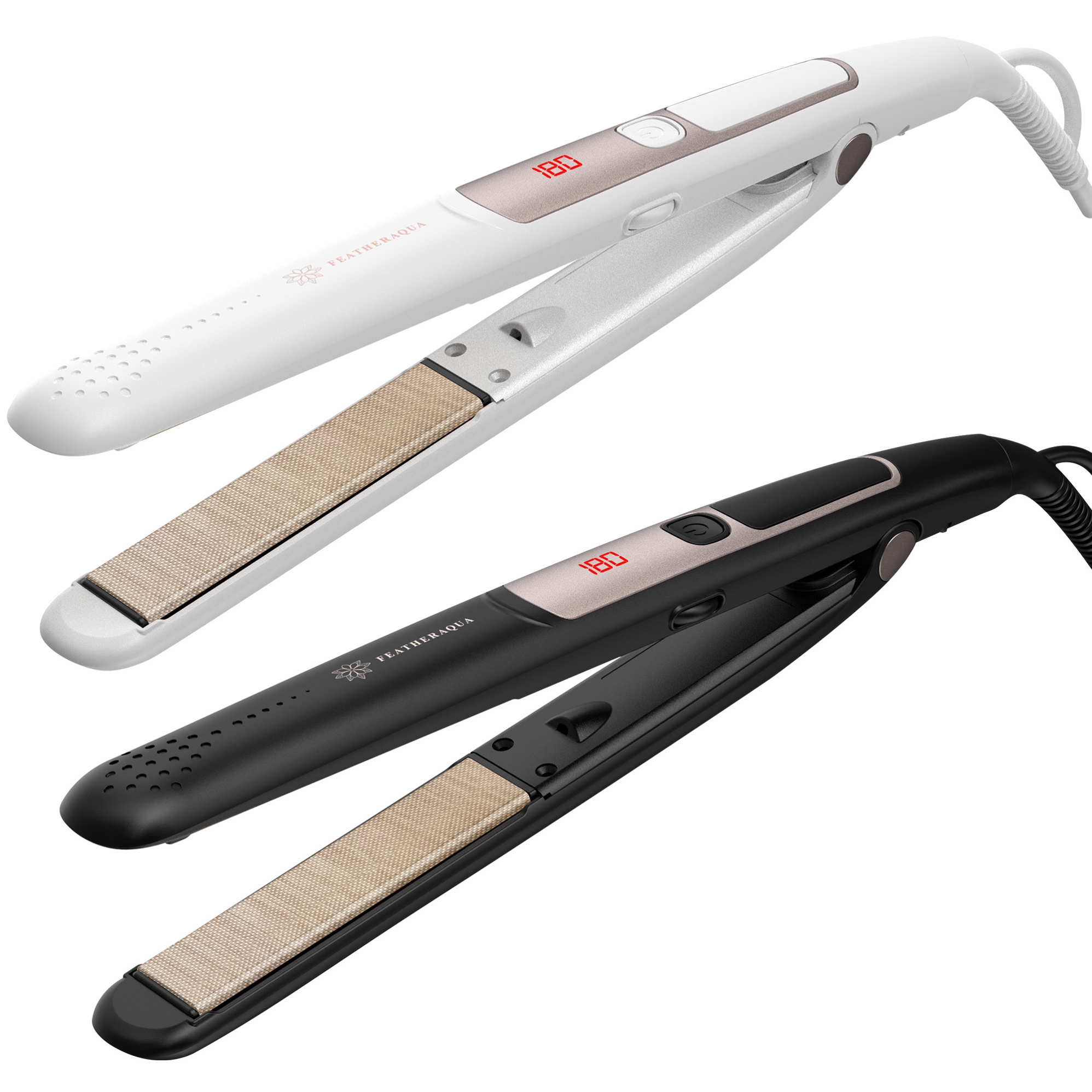 FEATHERAQUA ストレートヘアアイロン FA-SHI24PWH 斜め上から 温度表示部 ブラック・ホワイト - 4