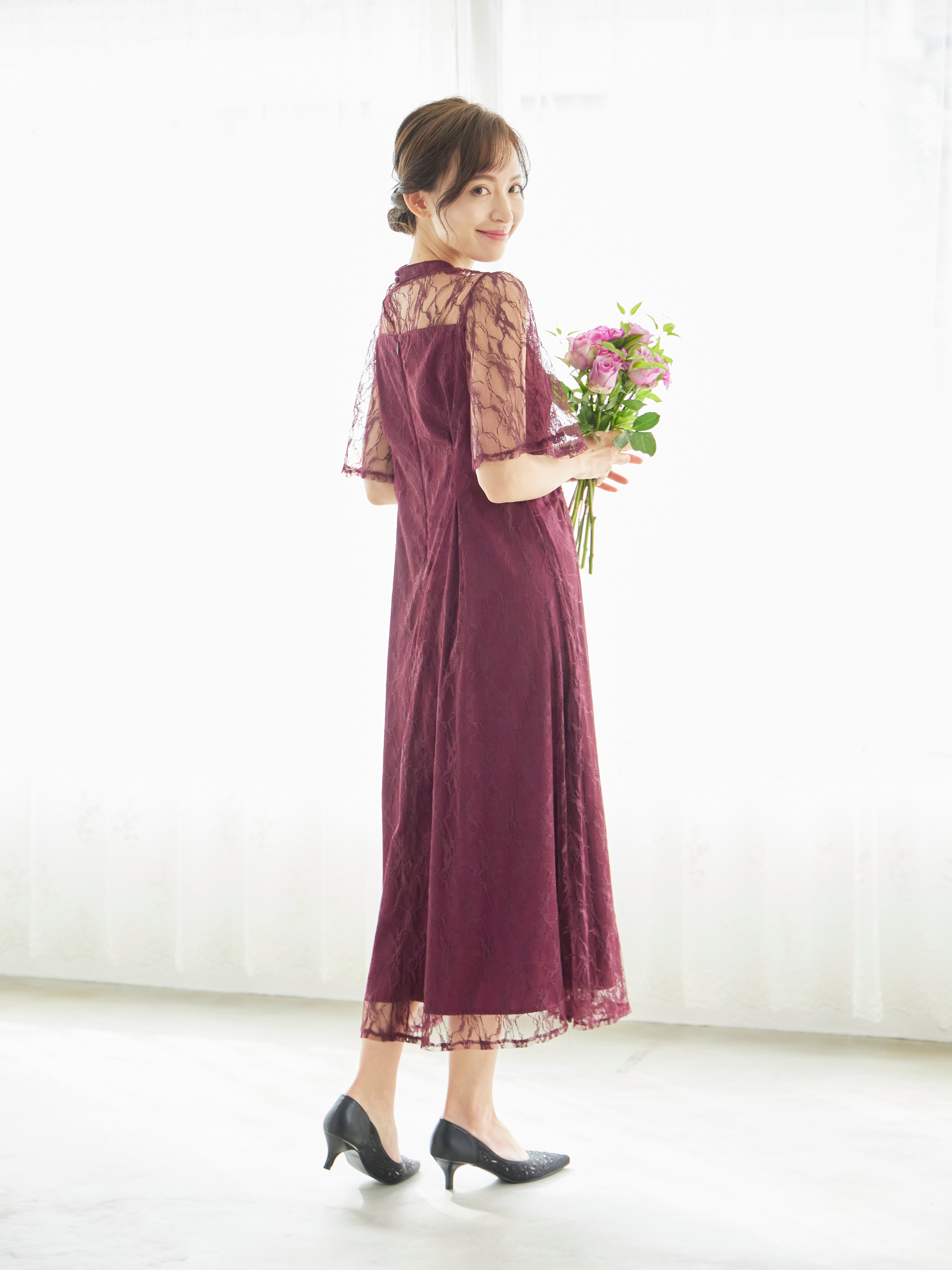 [レンタル] BELINDA DE CAPRIS 総レースフレア袖 ハイネック ワンピースドレス ワインレッドの宅配レンタル - 9