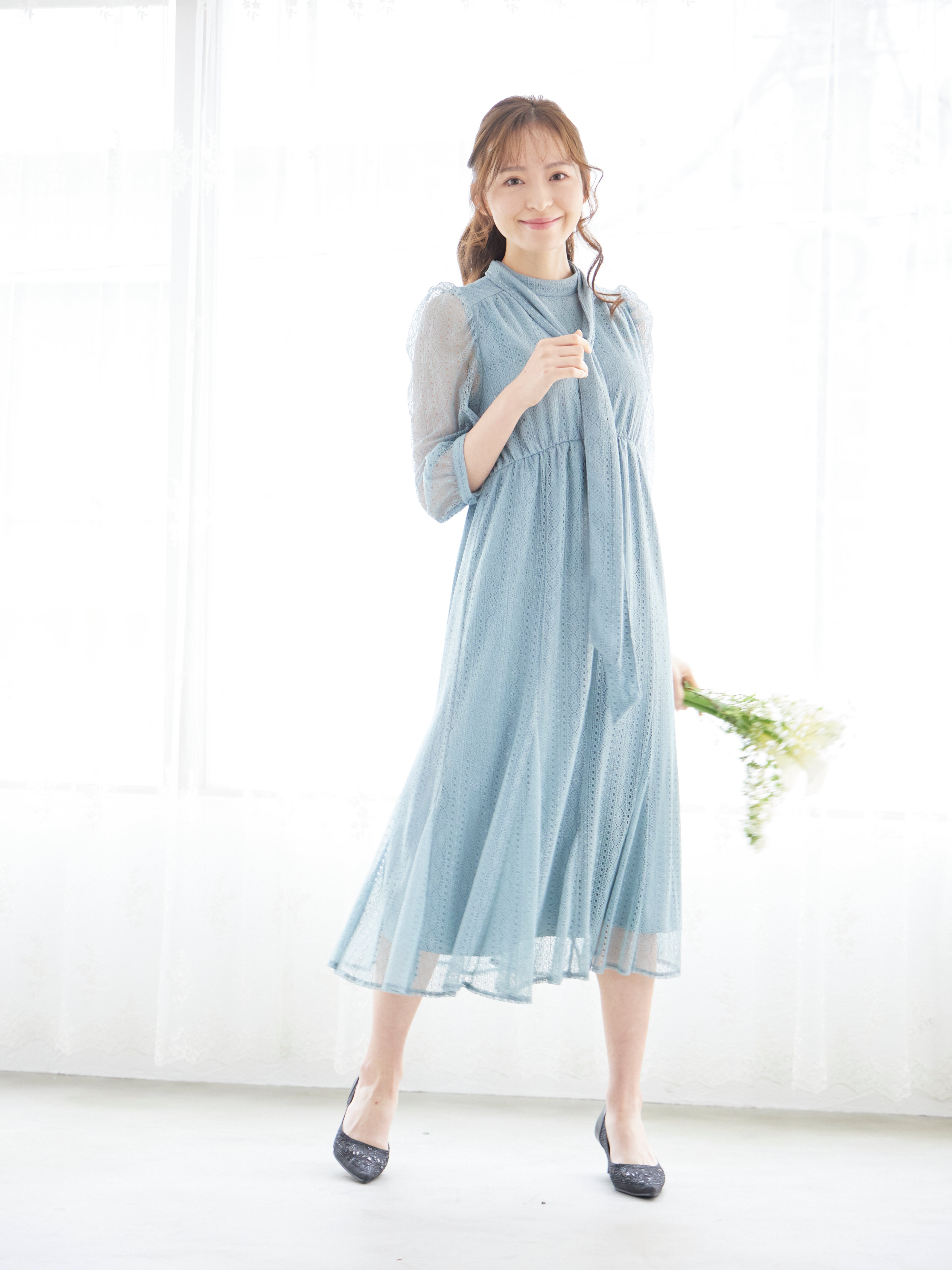 [レンタル] BELINDA DE CAPRIS リボン付きギャザースリーブ レースワンピースドレス サックスブルーの宅配レンタル - 3