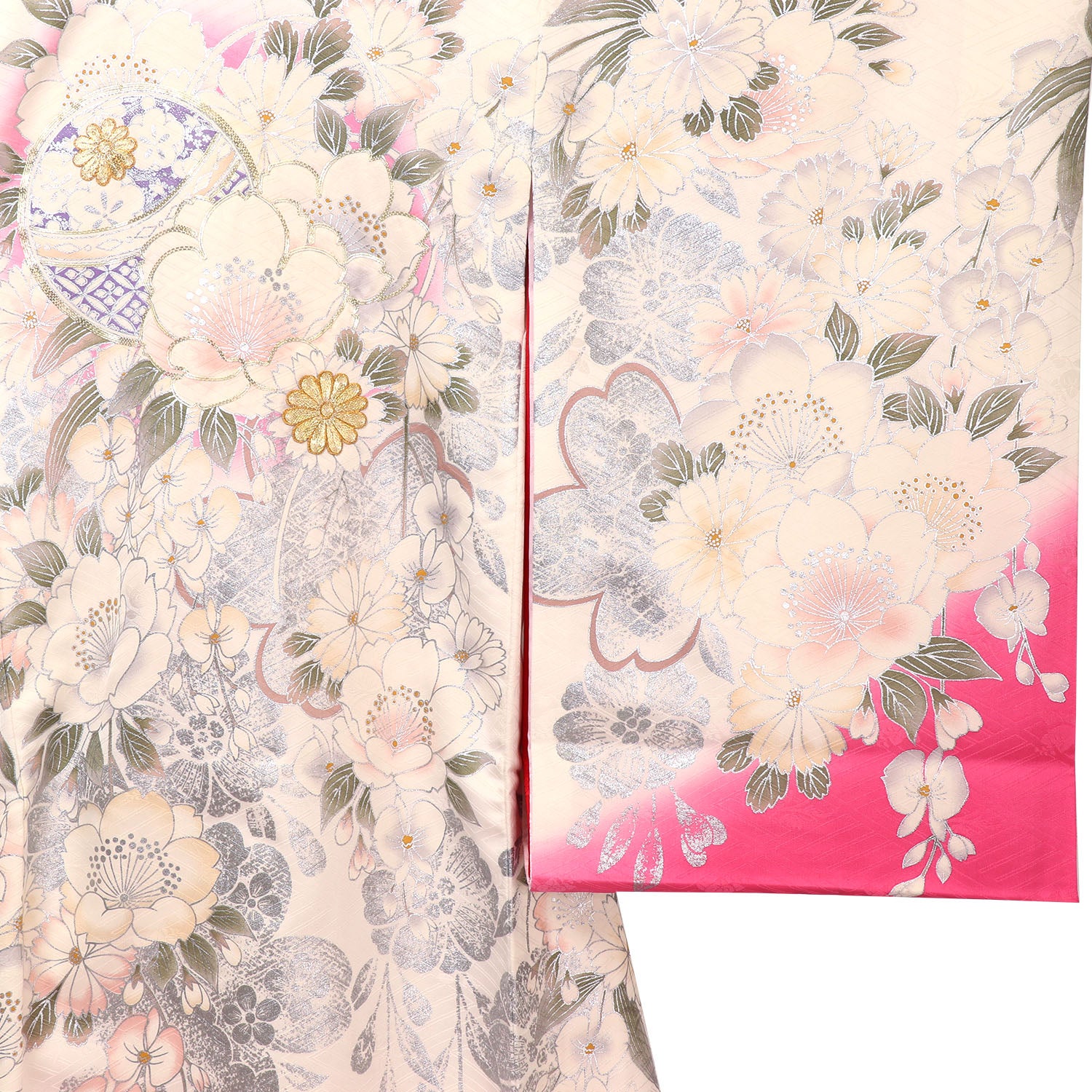 [レンタル] [手描友禅] 女の子 お宮参り 産着 手描友禅 レンタル6点フルセット 正絹 金駒刺繍の鞠に花づくし 紗綾形風の白色に濃いピンクぼかしの宅配レンタル - 3