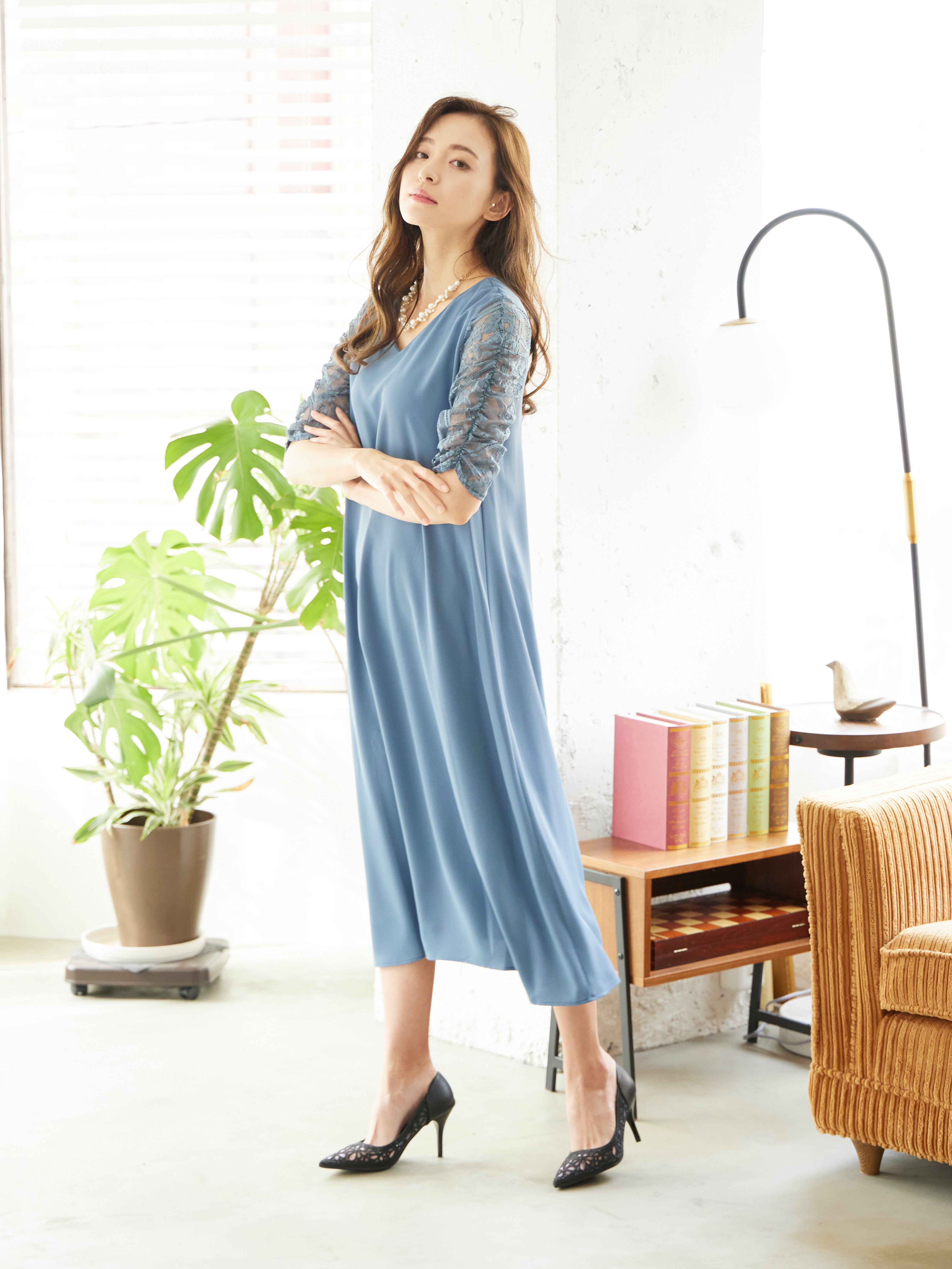 [レンタル] BELINDA DE CAPRIS Vネックギャザースリープ ワンピースドレス ブルーグレーの宅配レンタル - 3