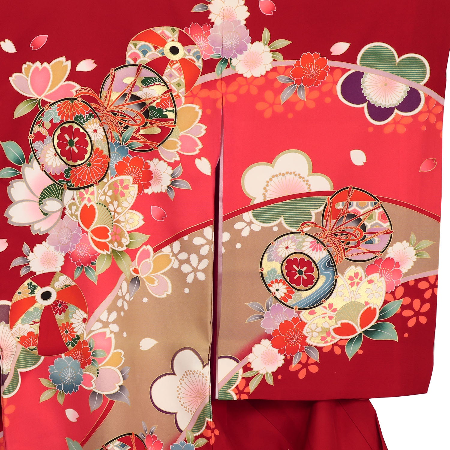 [レンタル] 女の子 お宮参り 産着 レンタル6点フルセット 正絹 古典調の鼓に桜散らし 濃い赤色の宅配レンタル - 3